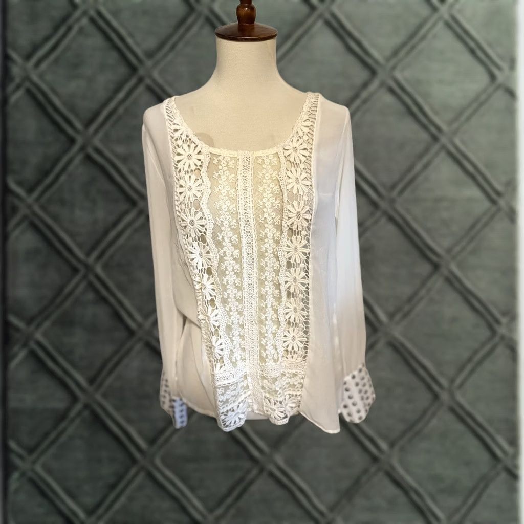 Vintage Double Zero White Lace Blouse Studded Sleeves S Womens Blouse Size S / US 4 / IT 40 - 1 Thumbnail