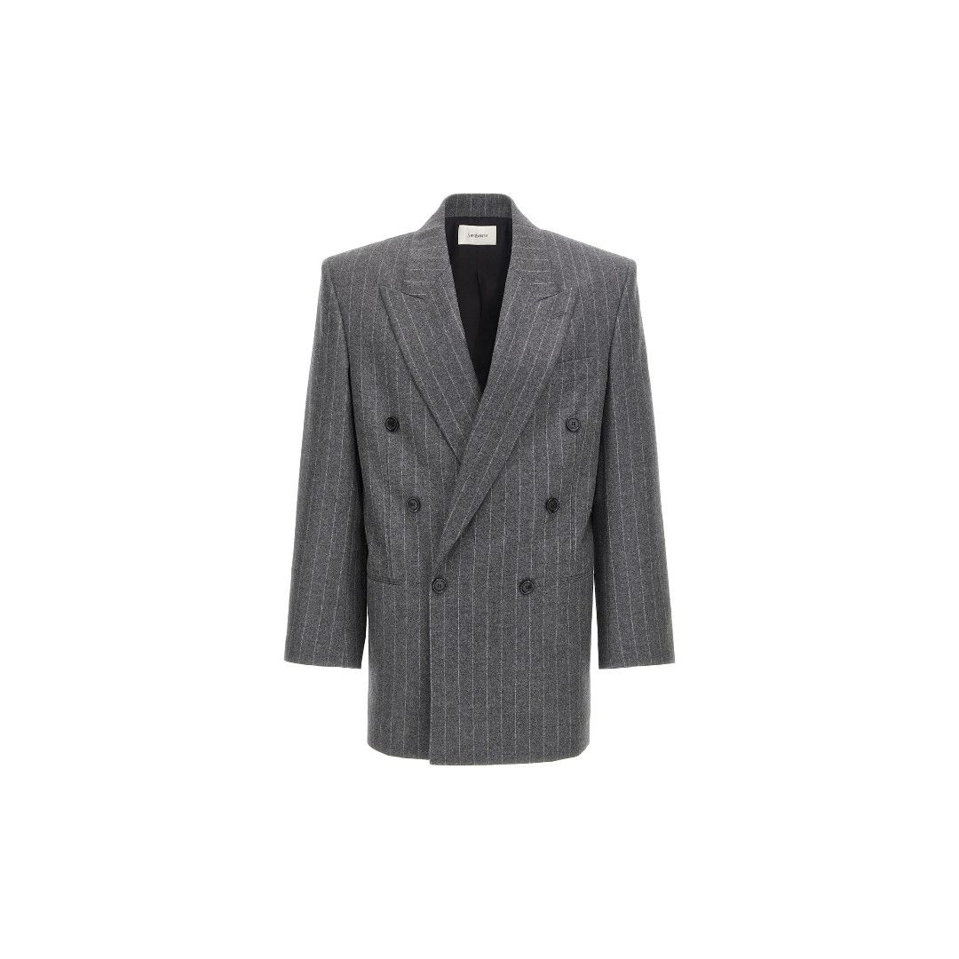 Saint Laurent Paris oc11z0126 803956 Jacket in Striped Wool Cashmere Flannel Size US L / EU 52-54 / 3 - 1 Thumbnail