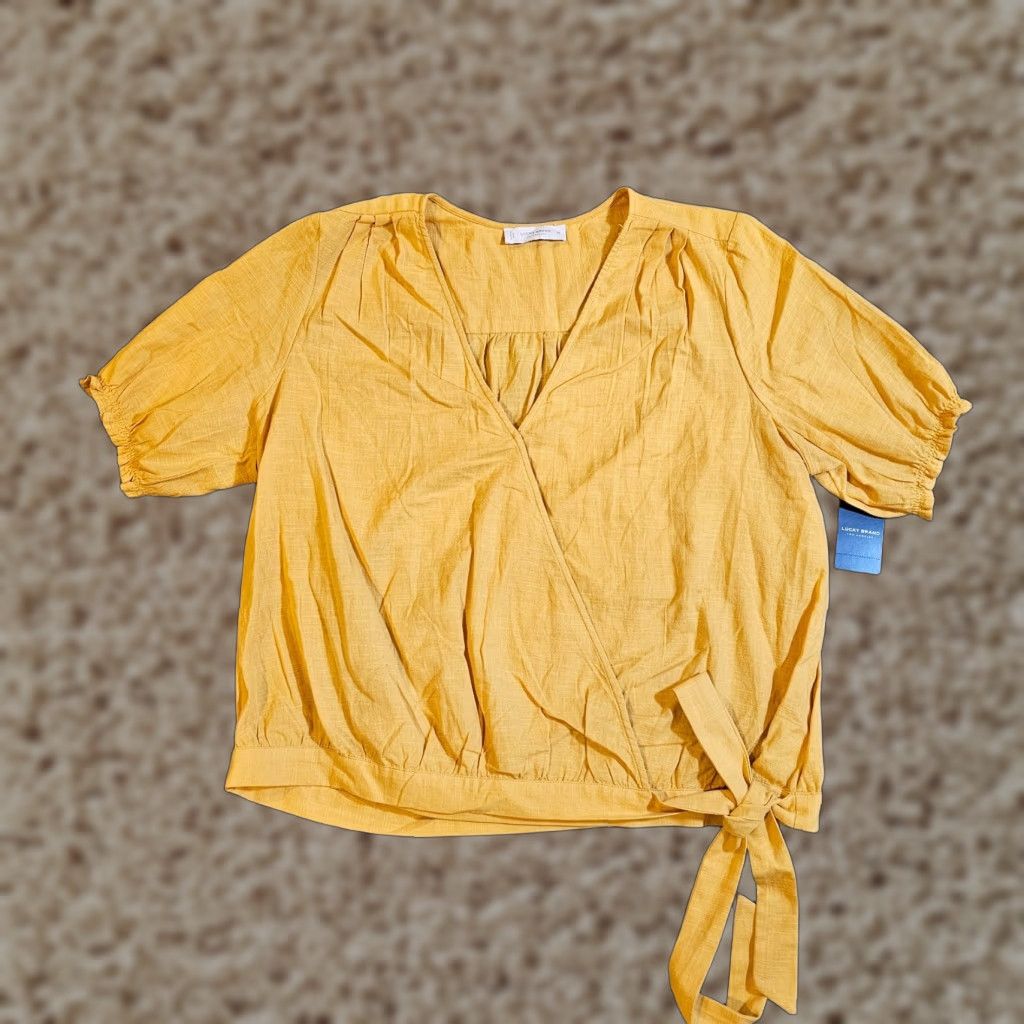 Lucky Brand Lucky Brand Top Shirt Women XL Yellow Wrap Front Tie Short Sleeve Casual Boho Shirt Size XL / US 12-14 / IT 48-50 - 1 Thumbnail