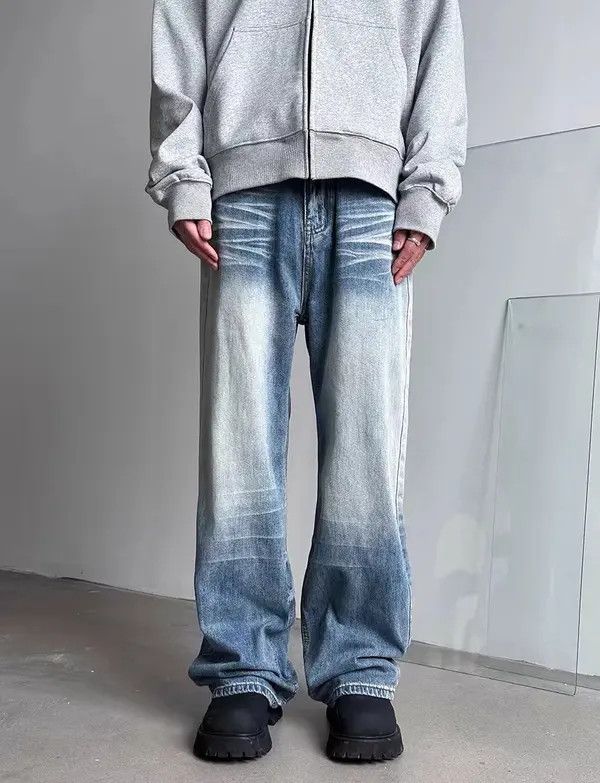 Japanese Brand VIBE Retro faded blue distressed design straight leg jeans Size US 34 / EU 50 - 2 Thumbnail