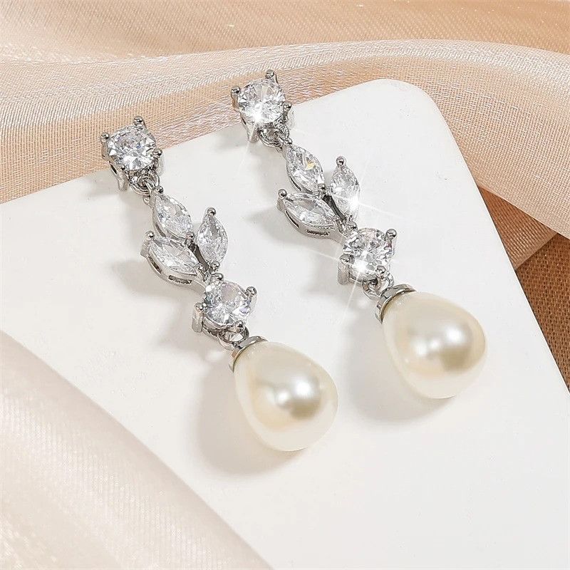 Other Leaf Dangle Earrings Zircon Imitation Pearl Ear Jewelry Gift Size ONE SIZE - 2 Thumbnail