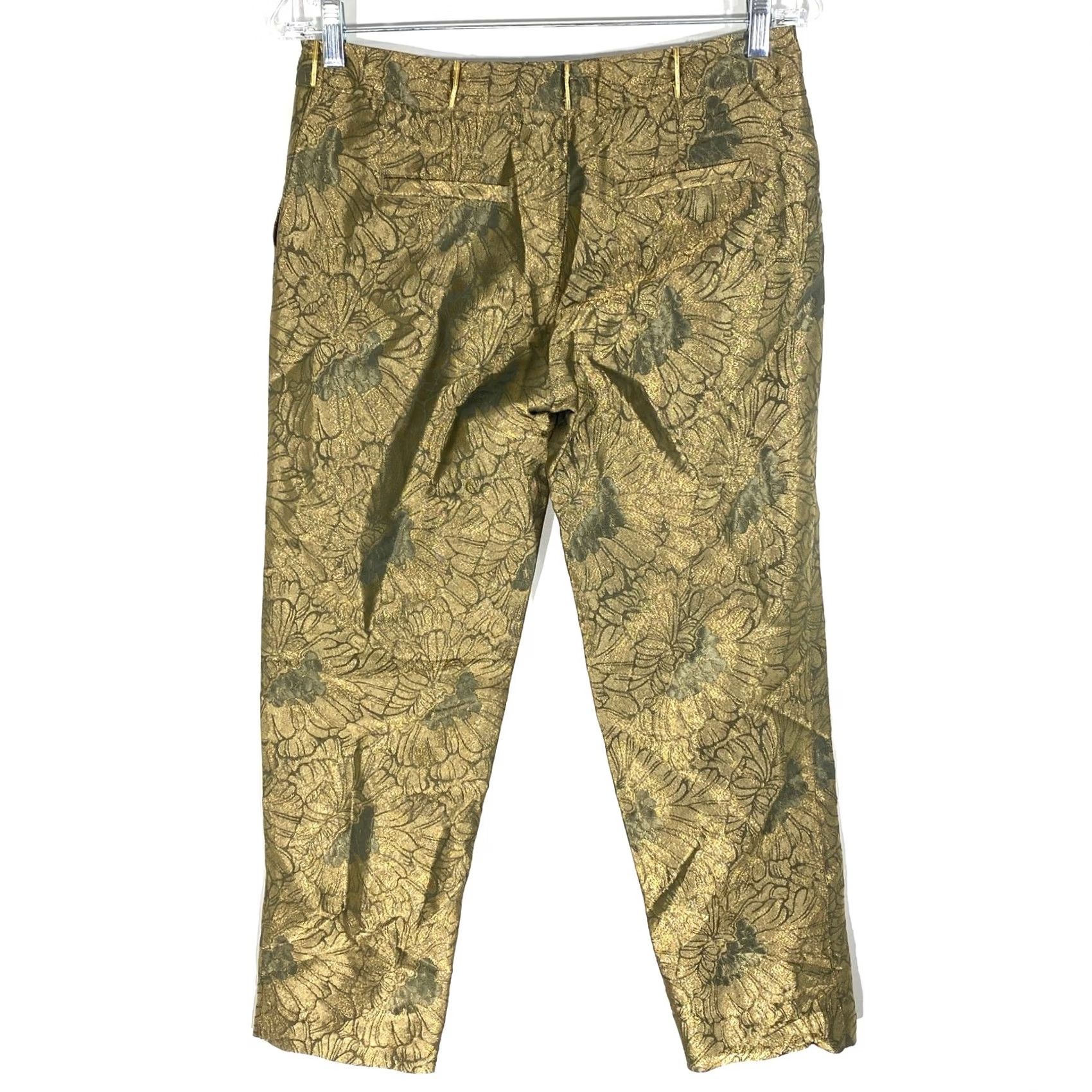 Anthropologie VINTAGE Elevenses Dress Pants 2 Metallic Trousers Gold Floral Boho Luxury Women Pants 29 in Gold Floral Bohemian Holiday 90s Mens Womens Boys Girls Size 26" / US 2 / IT 38 - 2 Thumbnail
