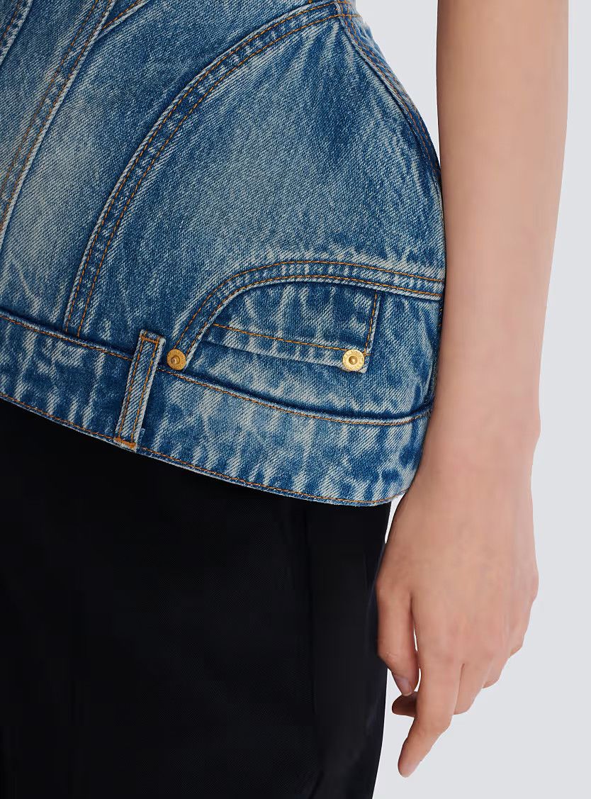 Balmain o1s1wg111225 Structured Denim Bustier in Blue Size XL / US 12-14 / IT 48-50 - 8 Thumbnail