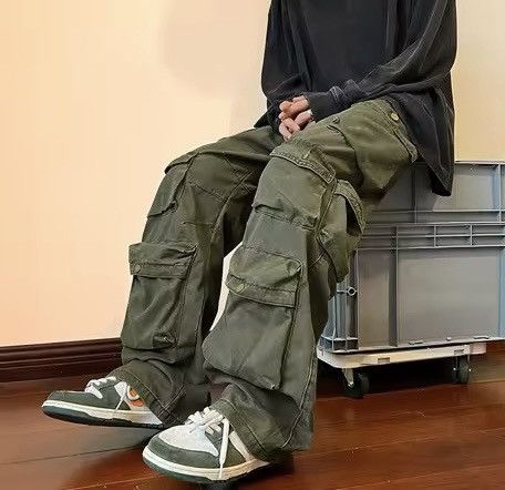Japanese Brand Olive Green Baggy Cargo Pants - Y2K Skate Streetwear Size US 31 - 4 Thumbnail
