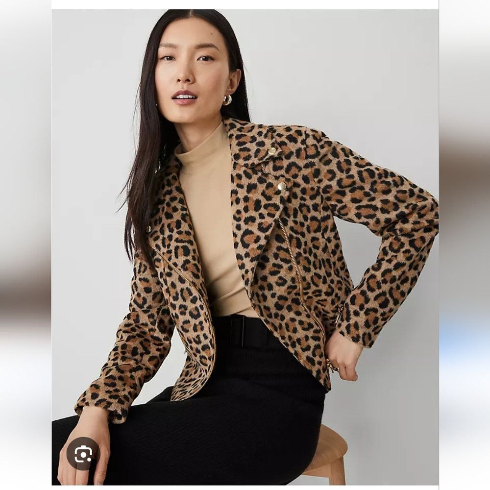 Ann Taylor ANN TAYLOR | Animal Print Moto Jacket Wool Sz XS Size XS / US 0-2 / IT 36-38 - 1 Thumbnail