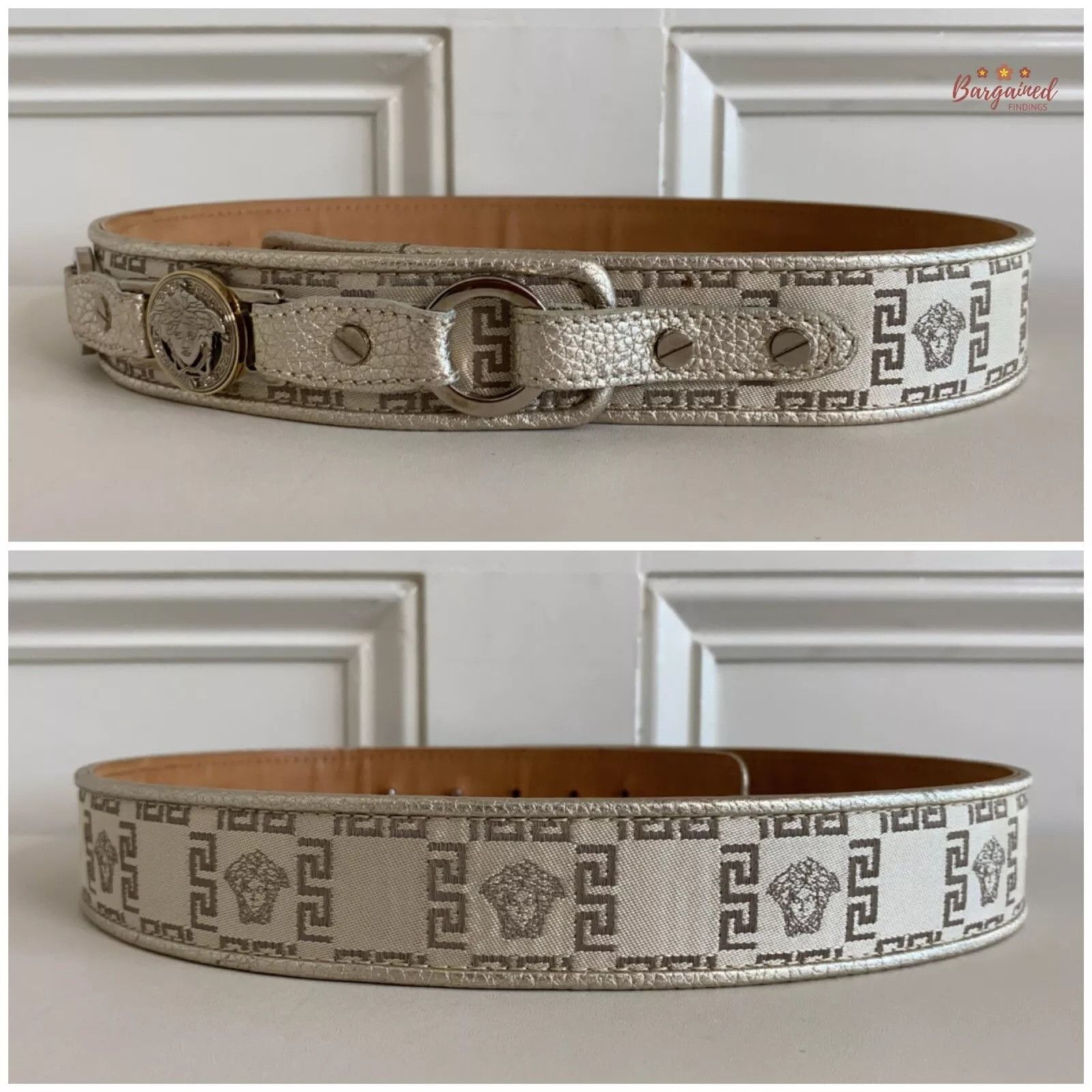 Versace Versace Metallic Leather Neutrals Nylon Medusa Insignia Belt Size 30 - 7 Thumbnail
