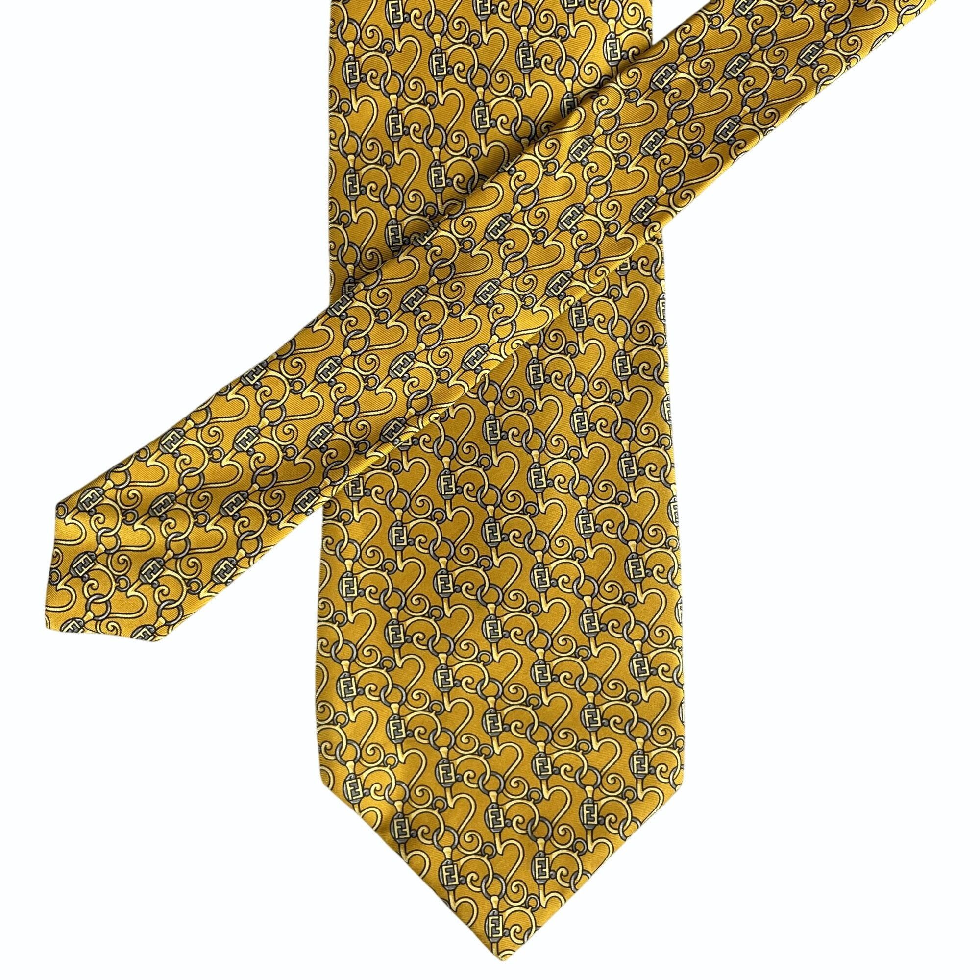 Fendi Fendi Monogram Scroll Pattern Gold & Gray Silk Tie Size ONE SIZE - 1 Thumbnail