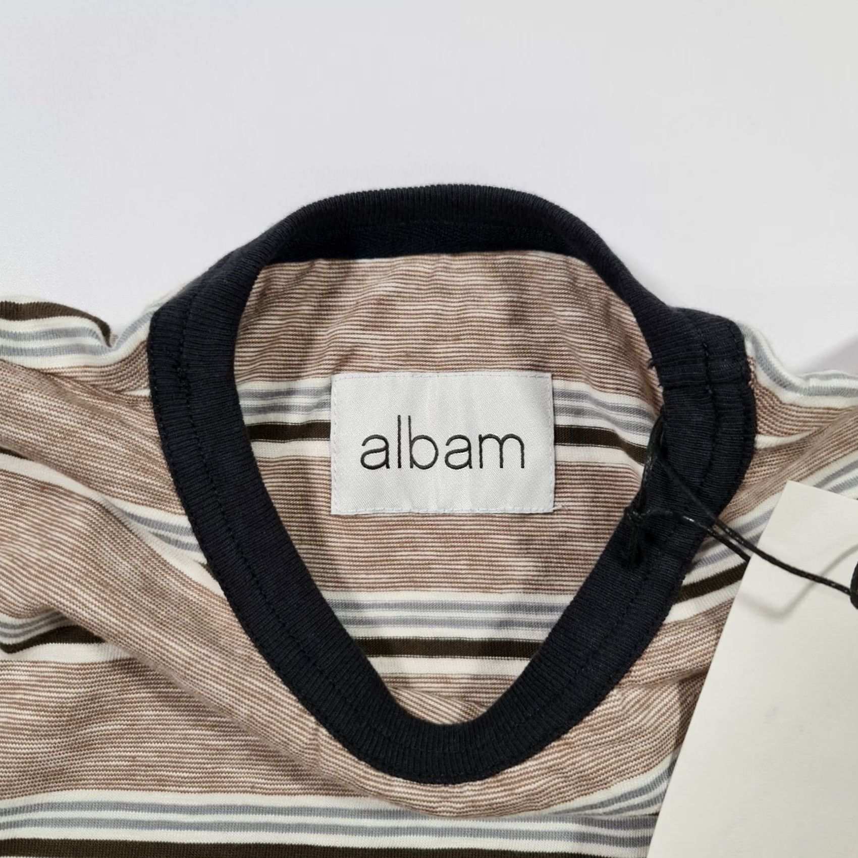 Albam albam Mens T Shirt Brown XS Striped Short Sleeve Crew Neck 100% Cotton Tee Top Logo Size US XS / EU 42 / 0 - 3 Thumbnail