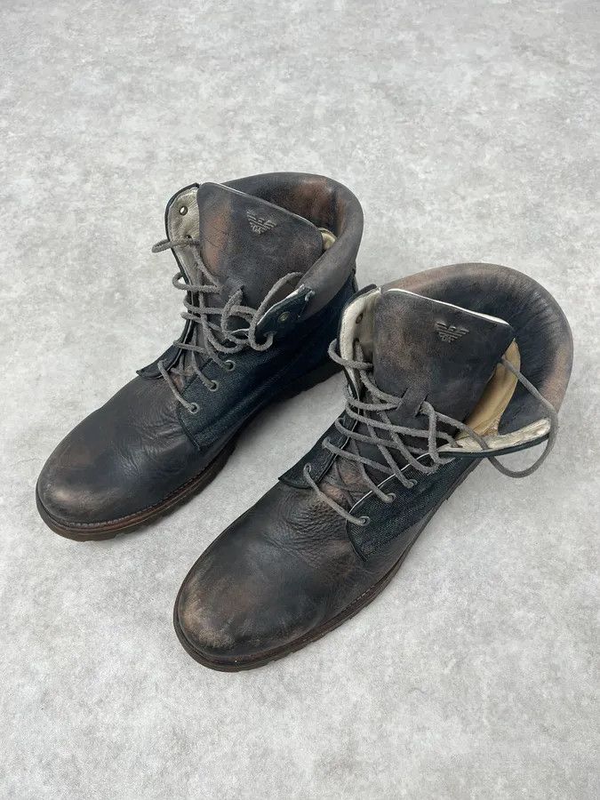 Armani 2000s Armani Brown Eroded Leather & Denim Boots Size US 11 / EU 44 - 4 Thumbnail
