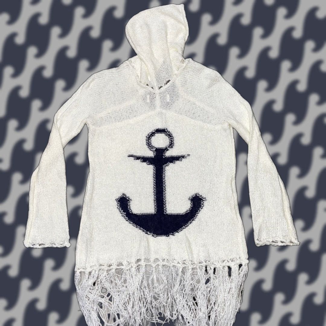 Vintage Havana VINTAGE Vintage Havana Sweater Women M Ivory Anchor Fringe Hem Knitted Open-Knit V-Neck Hooded Pullover Casual Boating Sailing - Mens? Size M / US 6-8 / IT 42-44 - 1 Thumbnail