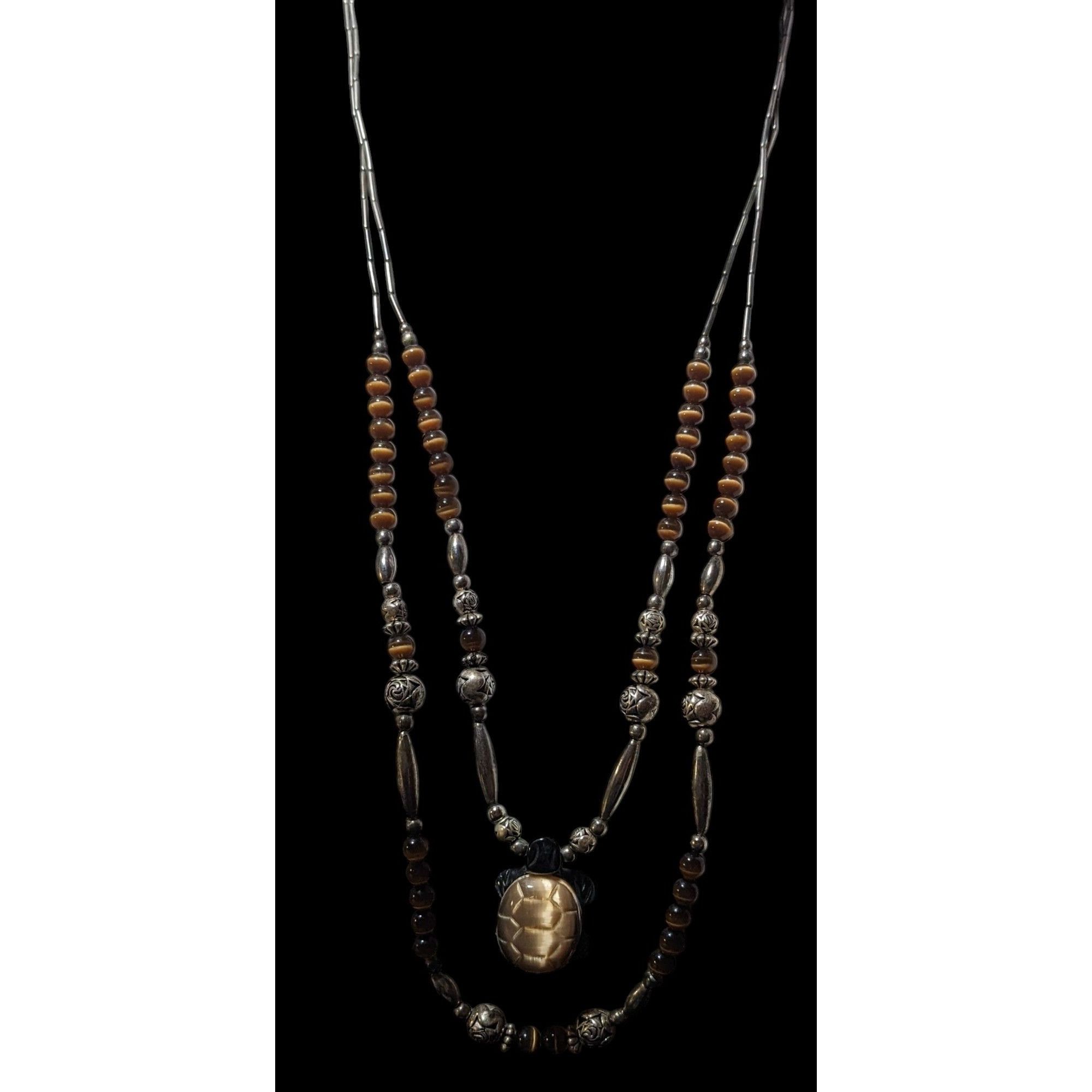 Other Vintage Liquid Silver Brown Cateye Beaded Multilayer Carved Size ONE SIZE - 3 Thumbnail