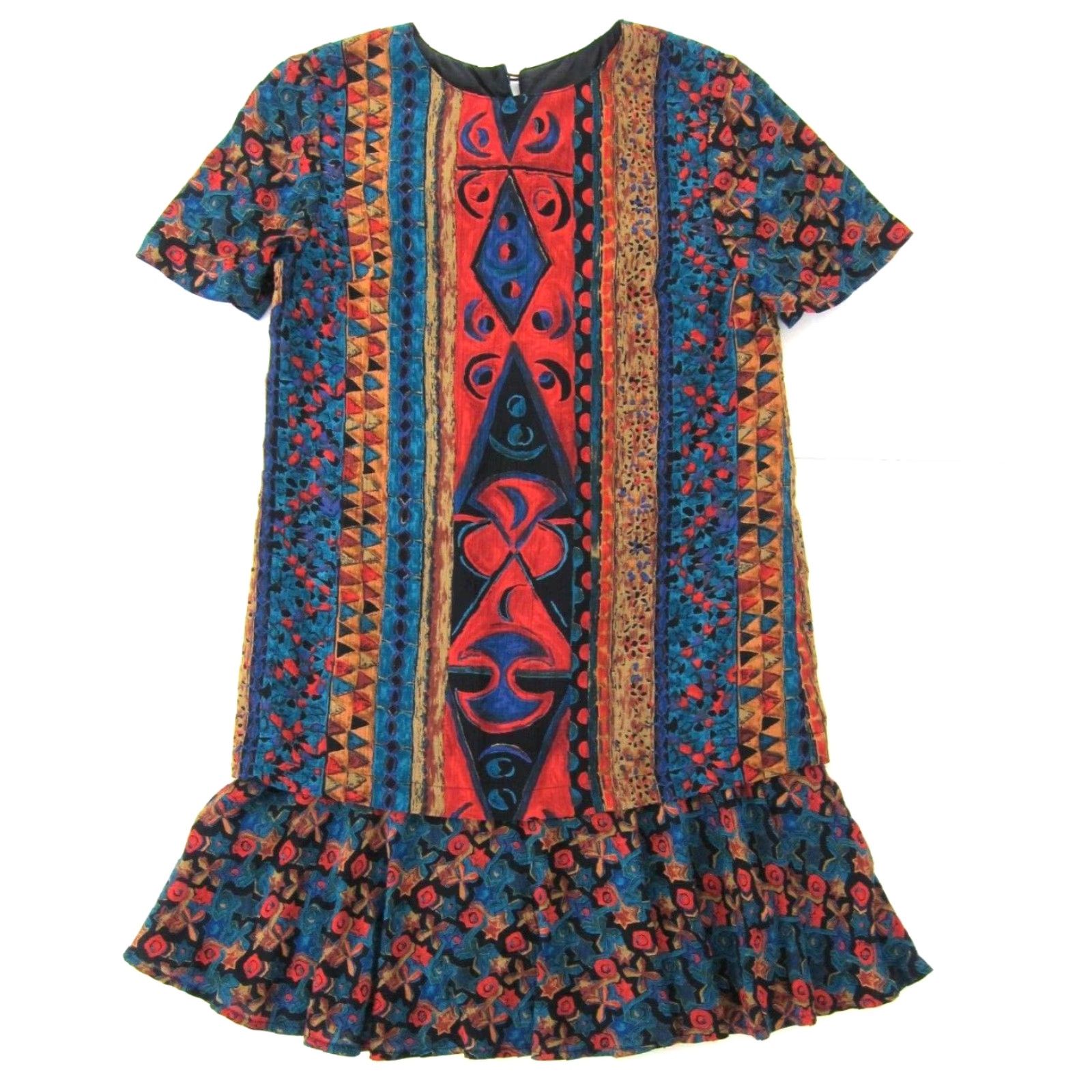 Vintage Vintage Carole Little Red Tunic Shift Dress 2P Short Sleeve Abstract Batik 90s Vintage Womens Dress 2P Size 26" / US 2 / IT 38 - 2 Thumbnail