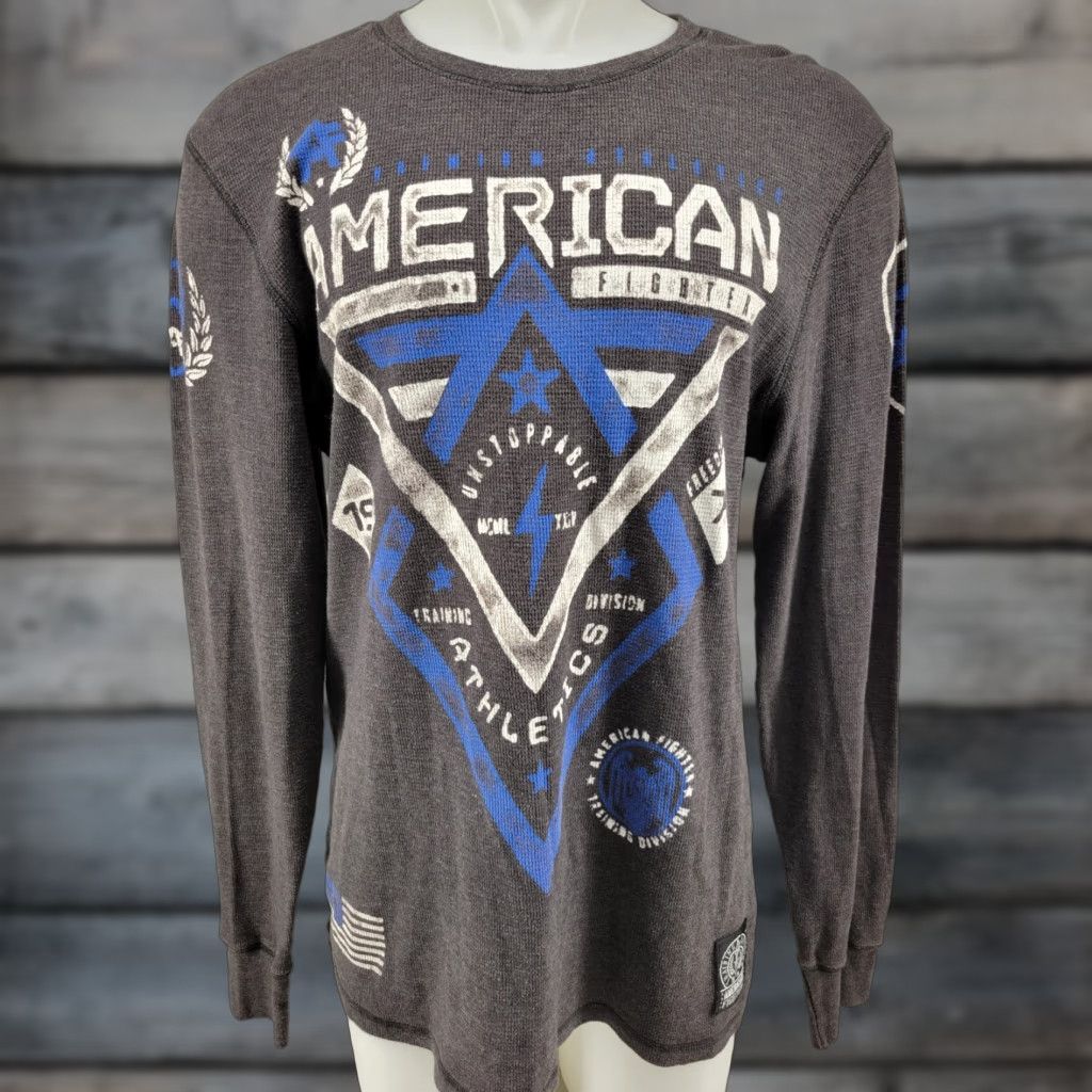 Vintage VINTAGE American Fighter Shirt Long Sleeve Thermal Mens XL Gray Blue MMA Y2k 90s Mens Shirt Size US XL / EU 56 / 4 - 1 Thumbnail