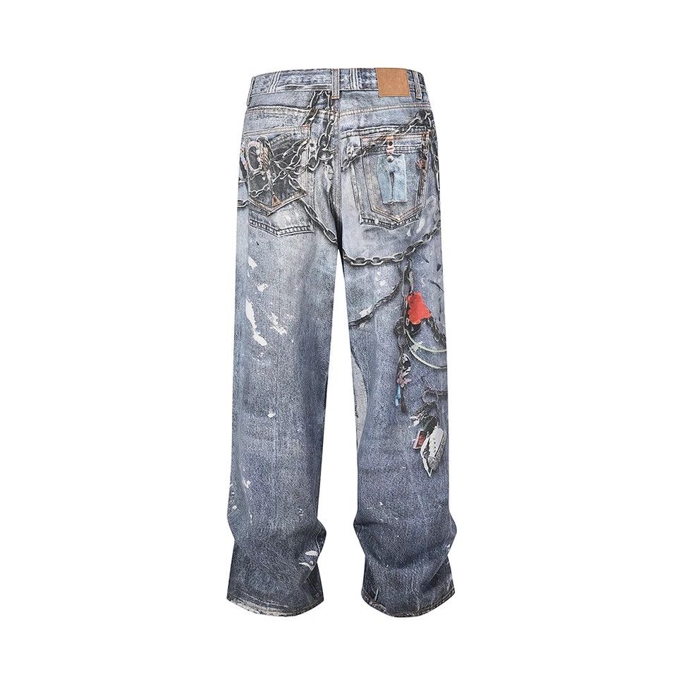 Jean × Vintage High Street Chain Print Washed Baggy Size US 31 - 5 Thumbnail