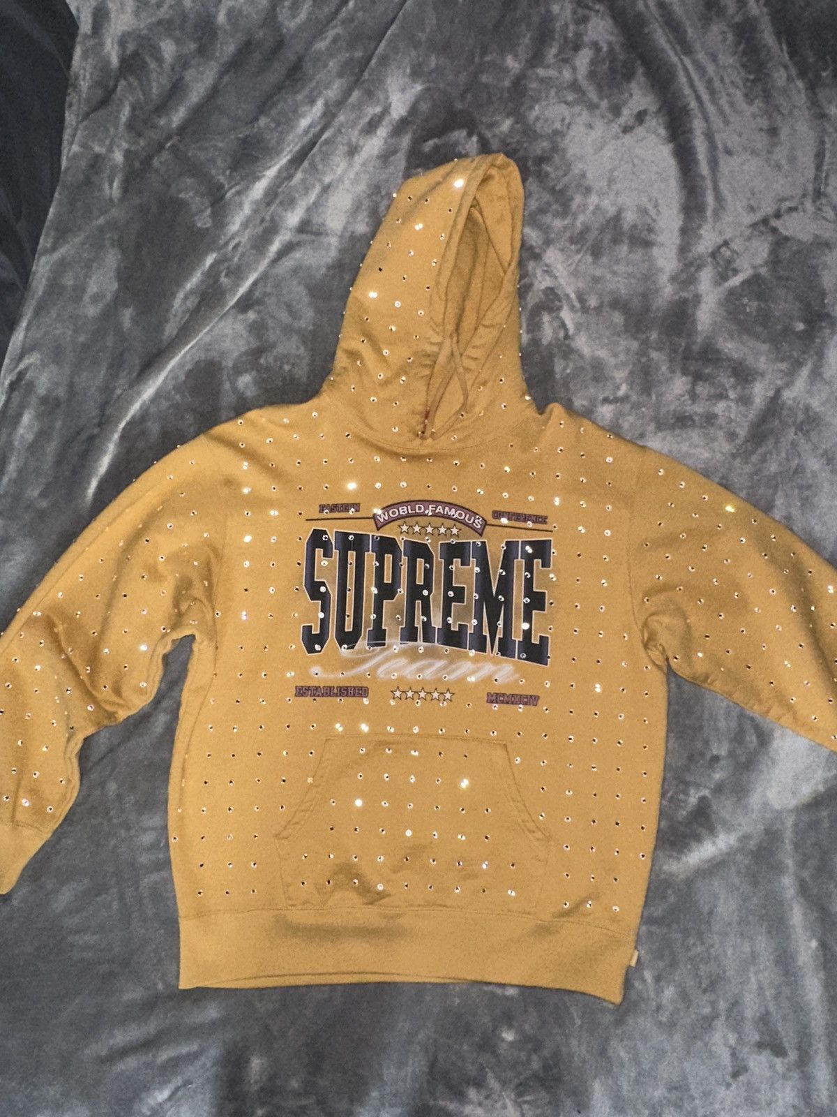 Supreme Rhinestone Script Hooded Sweatshirt Yellow