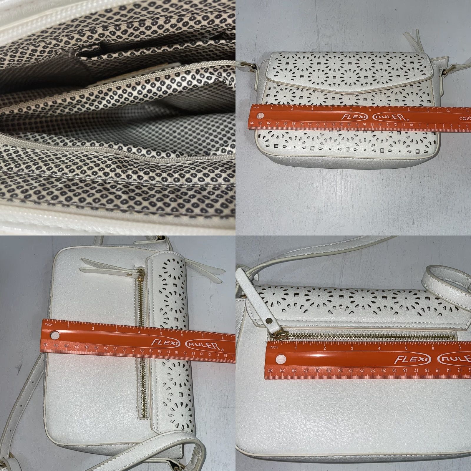 Vintage Miztique White Leather Shoulder Strap Purse Cut Out Designs Front Pre Owned Casual Shoulder Bag Adults Medium 9x6 in Gold Hardware Womens Size ONE SIZE - 8 Thumbnail