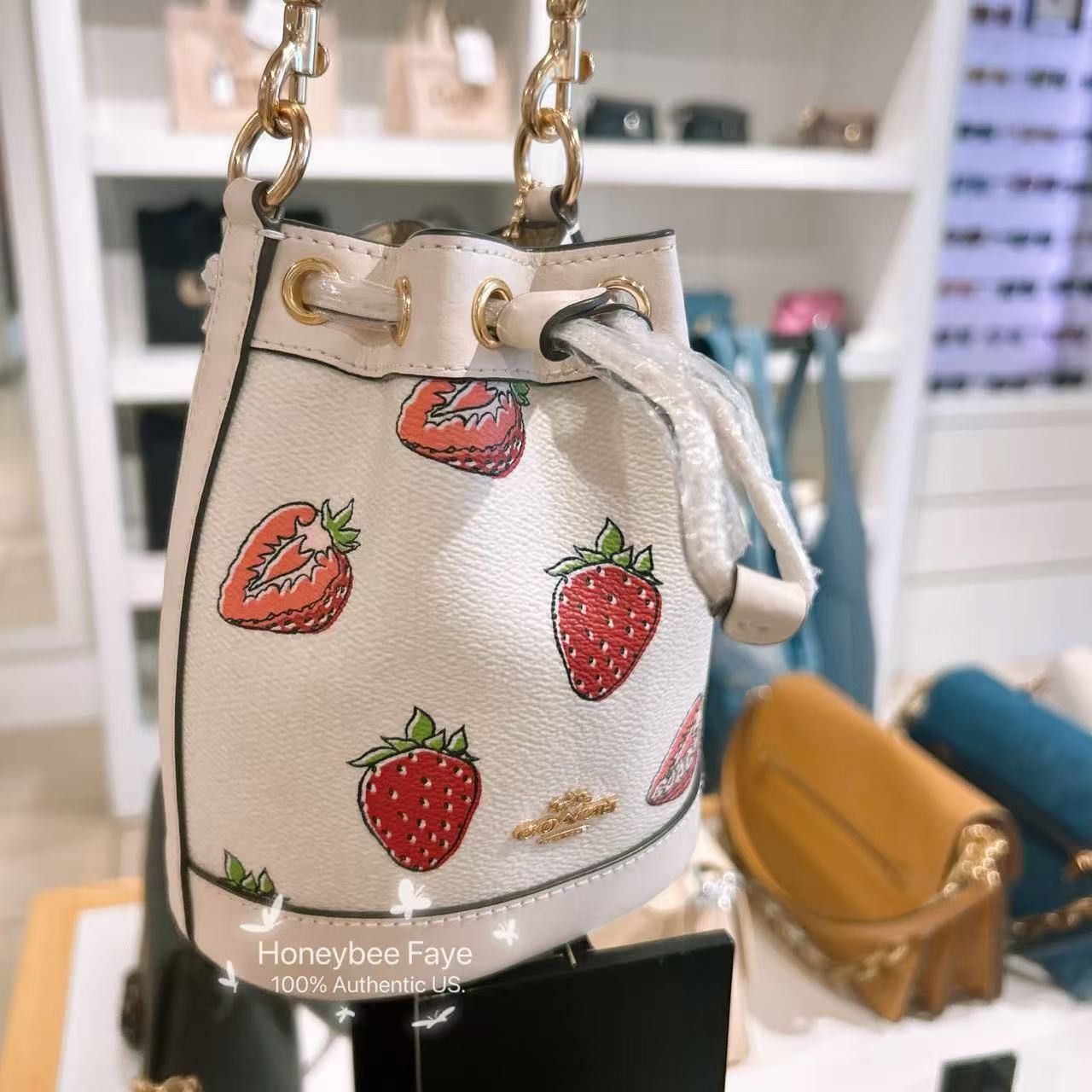 日本未入荷 Coach CAL11 Mini Bucket Bag フルーツ柄 Coach NWT Coach Mini Bucket Bag With Strawberry Print CAL11