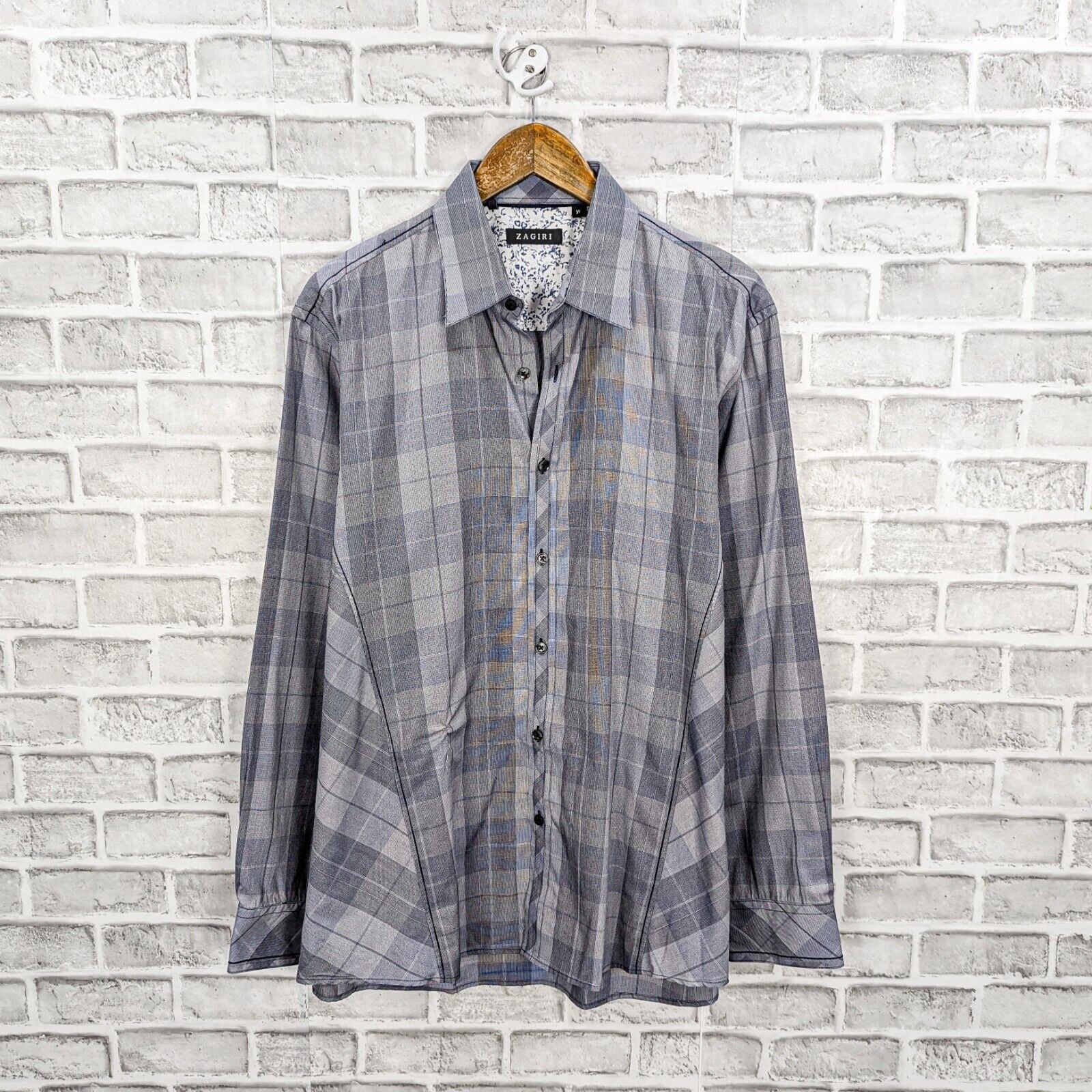 ZAGIRI ZAGIRI Men's Button up Shirt Long Sleeve in Gray Plaid Size US XL / EU 56 / 4 - 1 Thumbnail