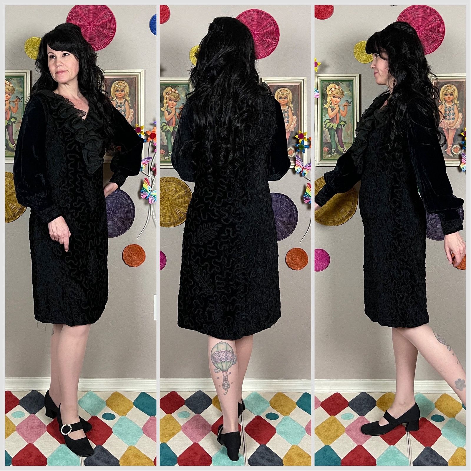 Vintage 70s Black Crushed Velvet Long Sleeve Ruffled A-Line Dress Size S / US 4 / IT 40 - 2 Thumbnail