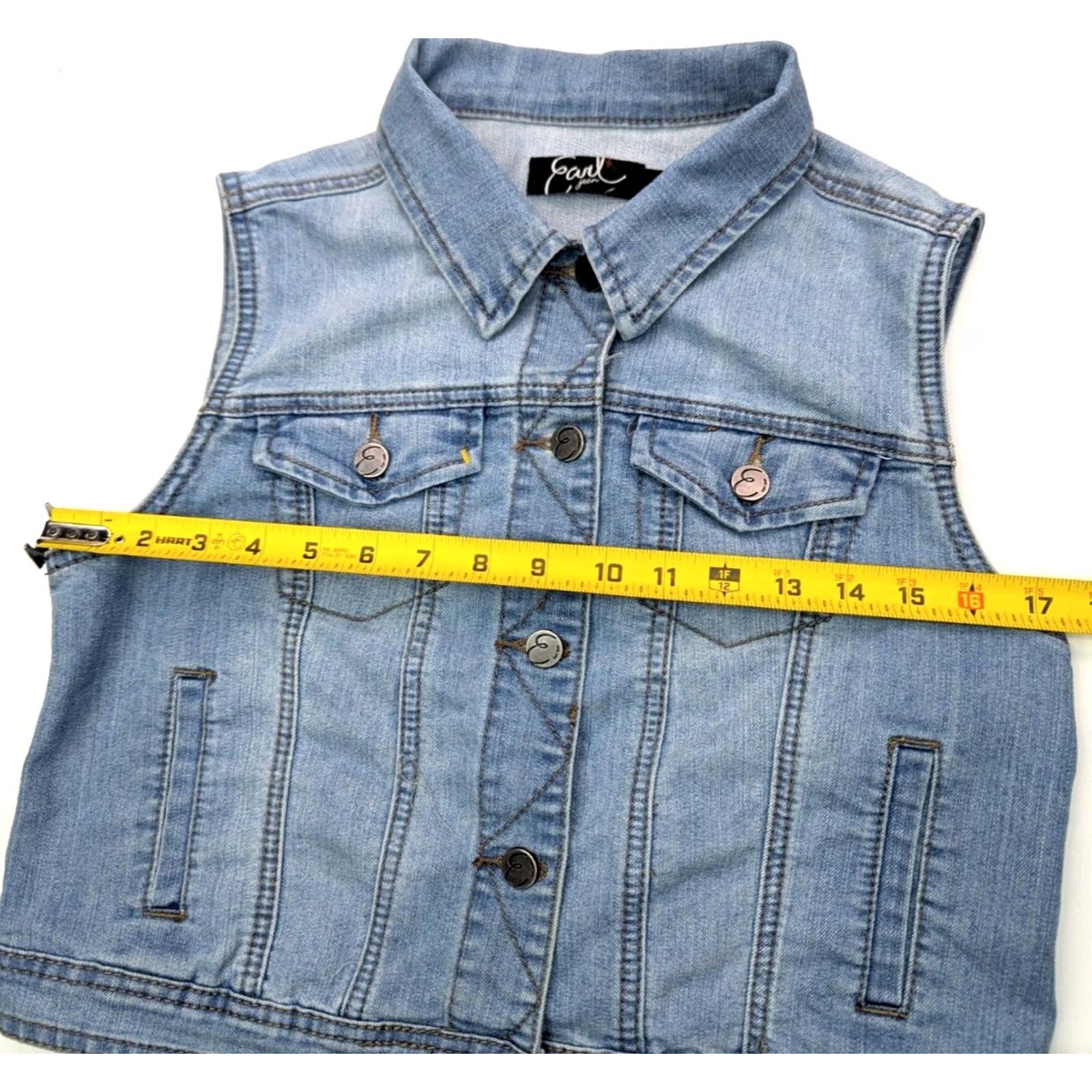 Vintage Earl Jeans Light Wash Denim Vest Blue Straps Back Knit Back Women M Blue Denim Vest Sleeveless Jacket (34x17) Regular Women Size 32" / US 10 / IT 46 - 4 Thumbnail
