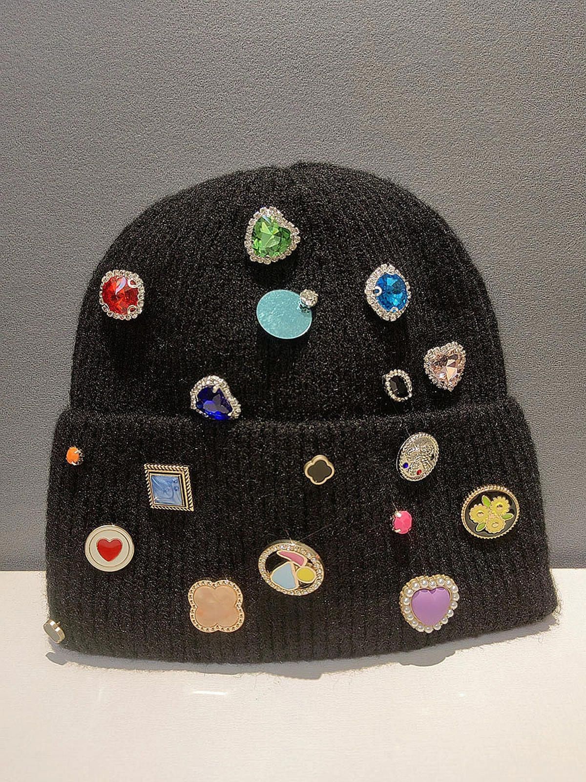 Other Black Beanie Hat with Colorful Gems and Badges Size ONE SIZE - 2 Thumbnail