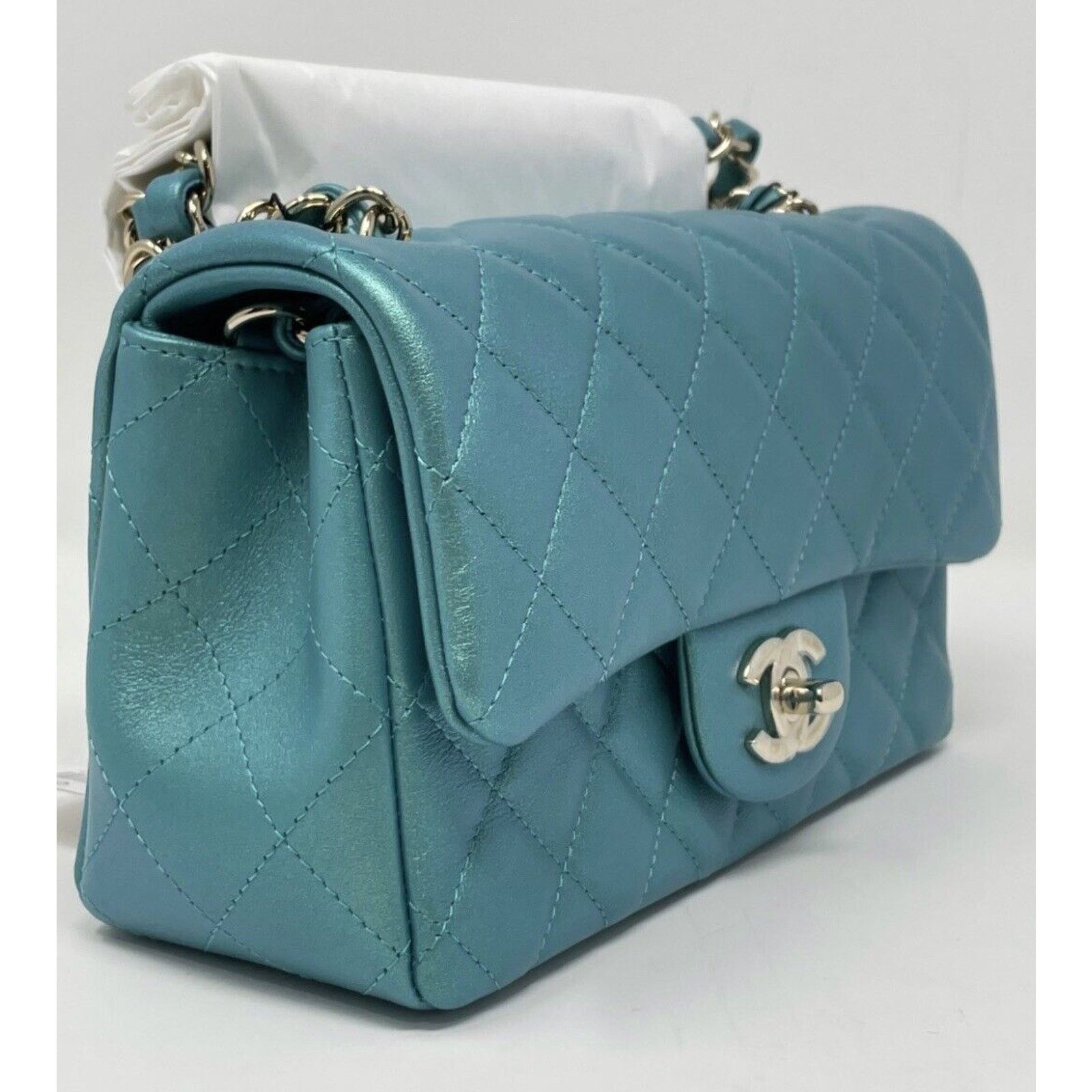 Chanel Mini Rectangular Classic 21S Green Iridescent Flap