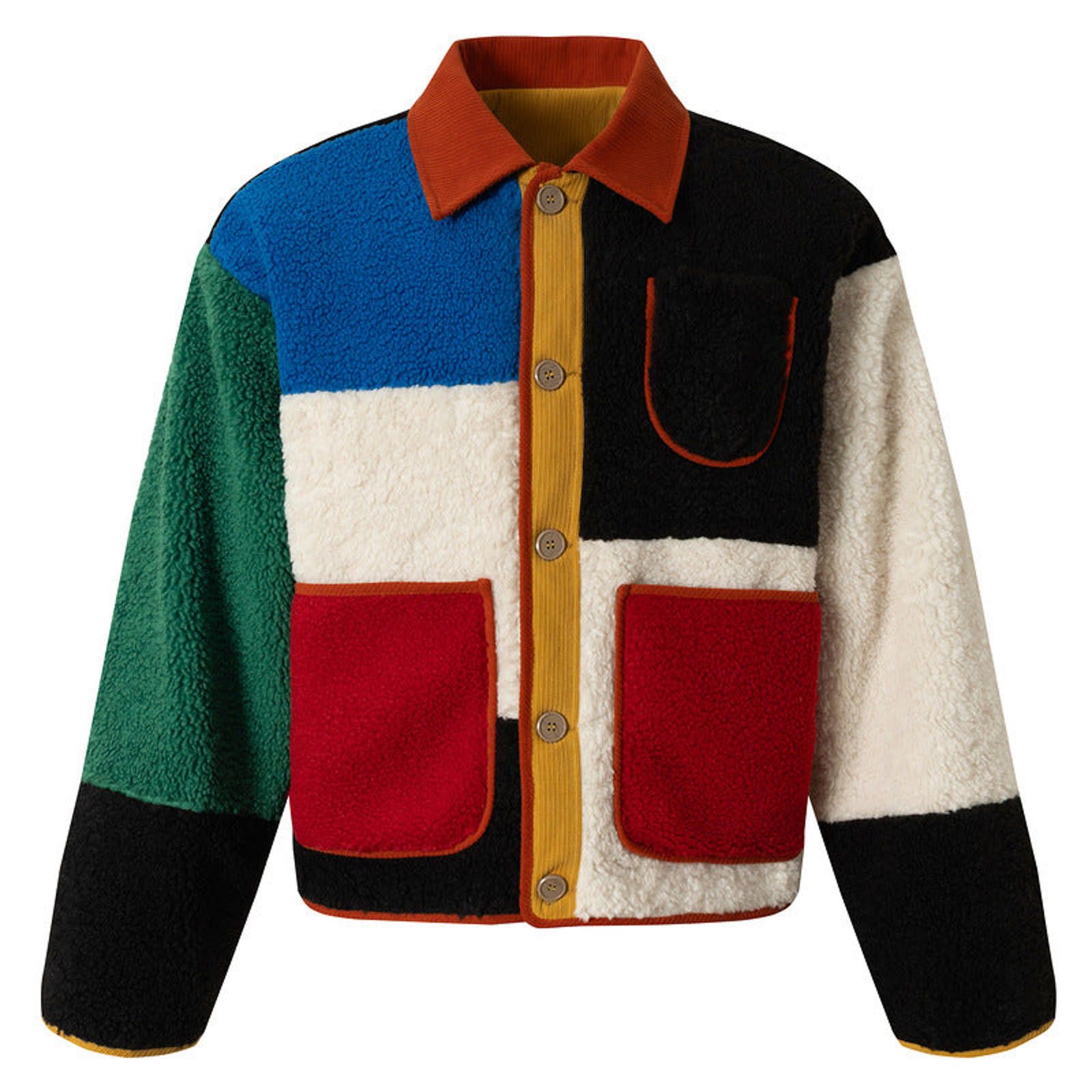 Multicolor Colorblock Fleece Jacket Button-Up Outerwear