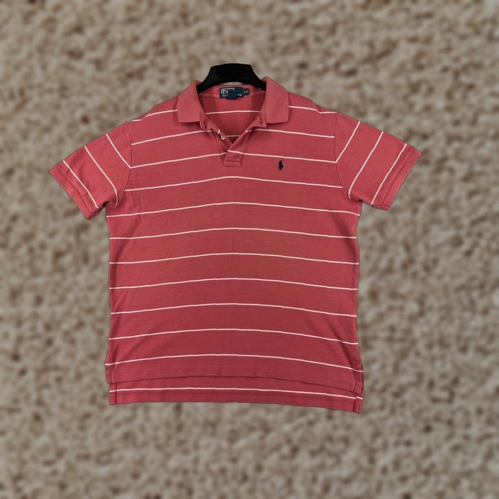 Ralph Lauren VINTAGE Polo Ralph Lauren Shirt Adult Large Pink White Stripe 100% Cotton Jersey Polo Mens Size US L / EU 52-54 / 3 - 1 Thumbnail