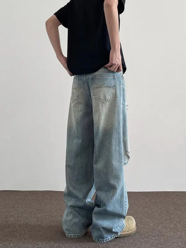 VIBE Blue Baggy Distressed Denim Jeans, Loose Wide Leg Jeans Size US 28 / EU 44 - 4 Thumbnail