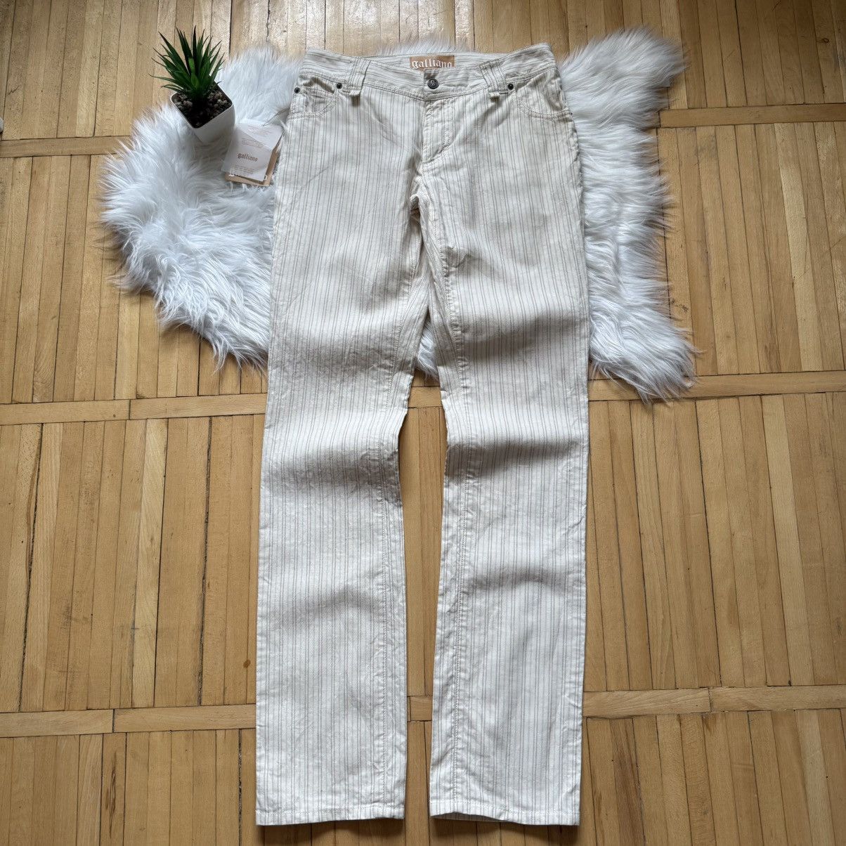 John Galliano 📌 NEW John Galliano Y2K 00s Big Logo Striped Beige Pants Size 29" - 10 Thumbnail