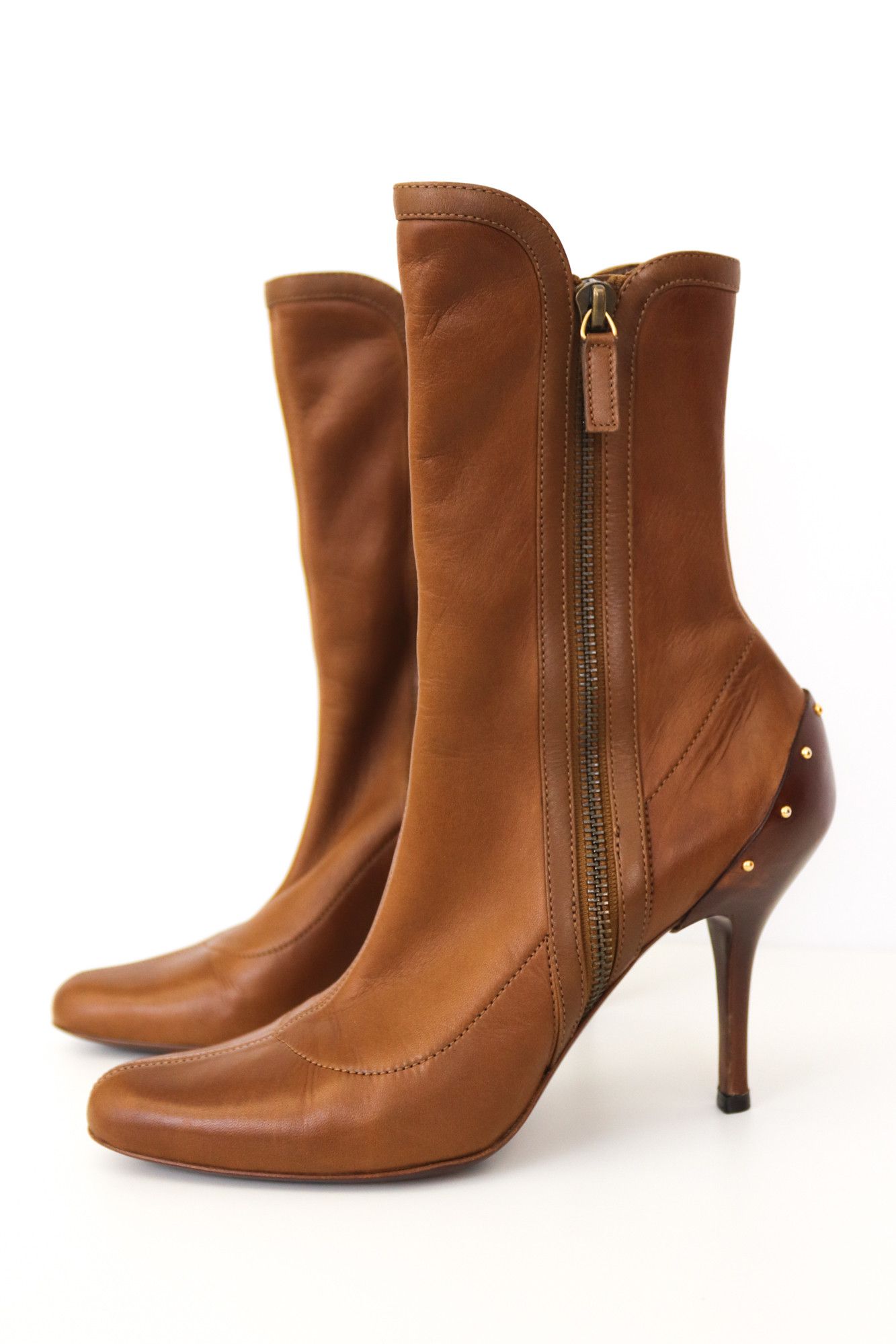 image of Vntg F/w 2003 Tom Ford For Gucci Tan Leather Ankle Boots in Cognac/Tan/Orange, Women's (Size 6.5)