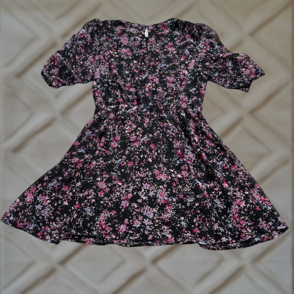 AQUA Aqua Puff Sleeve Mini Dress Womens L Black Floral Elastic Waist Long Sleeve Size L / US 10 / IT 46 - 1 Thumbnail