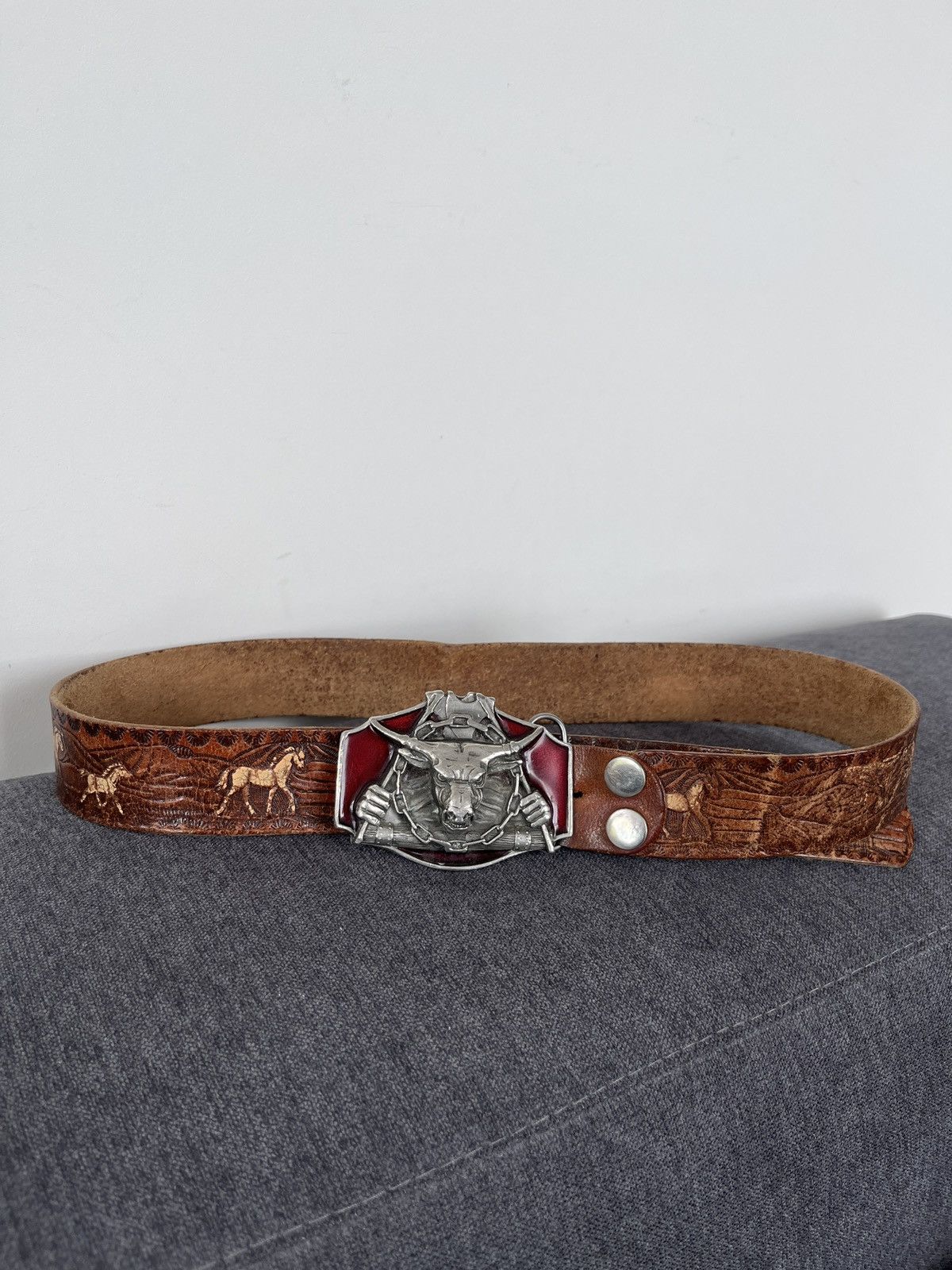 Cowboy Equipment × Vintage 1990 Transide Dragon Designs Minotaur Buckle Leather Belt Size ONE SIZE - 5 Thumbnail