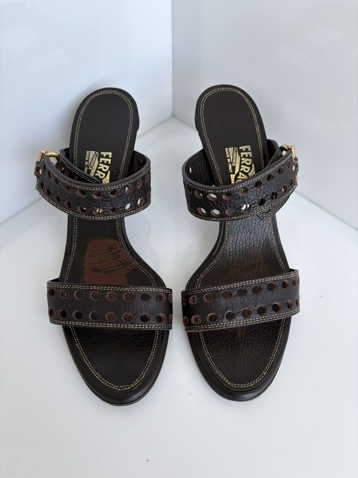 Salvatore Ferragamo Vintage Salvatore Ferragamo Perforated Leather Sandal Heels Size US 10 / IT 40 - 7 Thumbnail