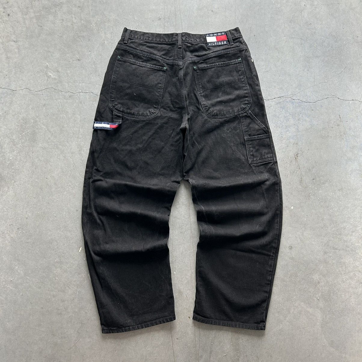 Image of Jnco x Tommy Hilfiger Vintage 90's Tommy Baggy Wide Carpenter Skater Jeans Faded 36 in Faded Black