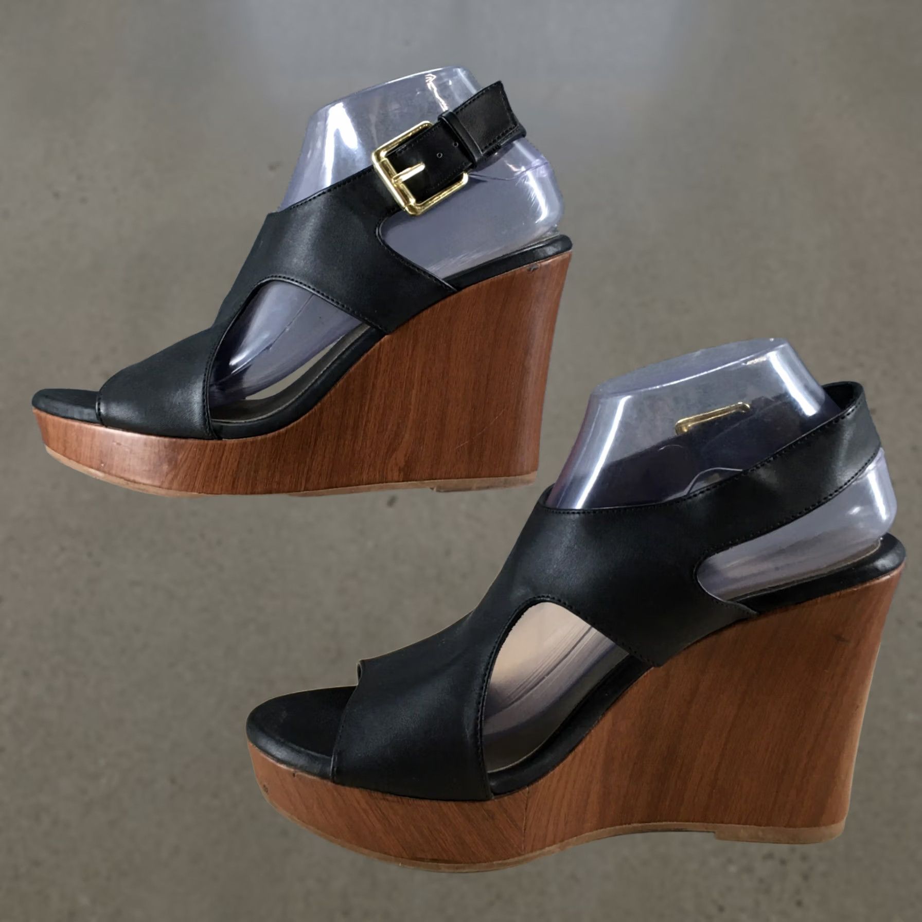 Vintage American Eagle Sandals Womens 9 Slingback Black Faux Leather Casual Wedge Heels Size US 9 / IT 39 - 1 Thumbnail
