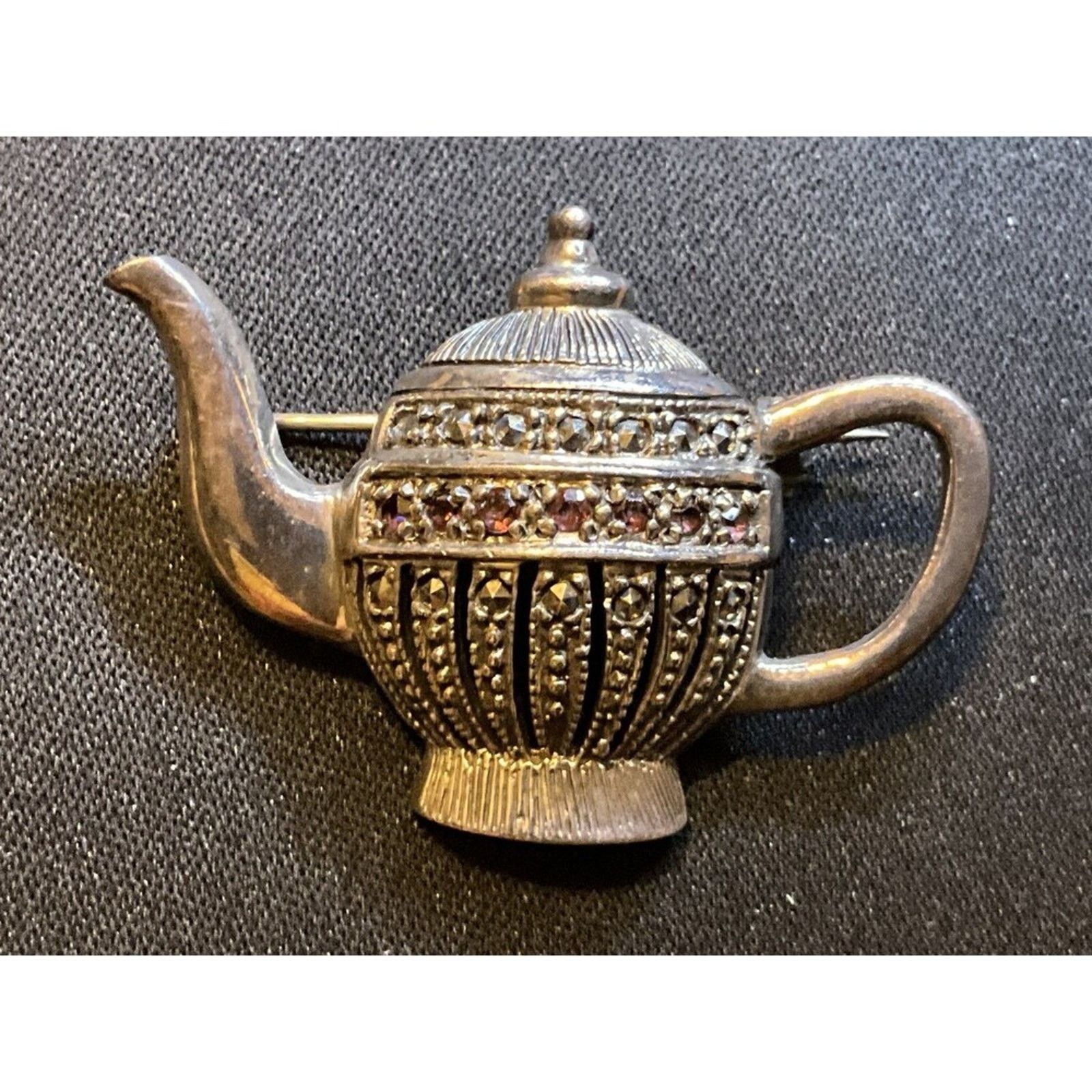 Other 925 Sterling Silver Marcasite Garnet Tea Pot Brooch/Pendant Size ONE SIZE - 2 Thumbnail