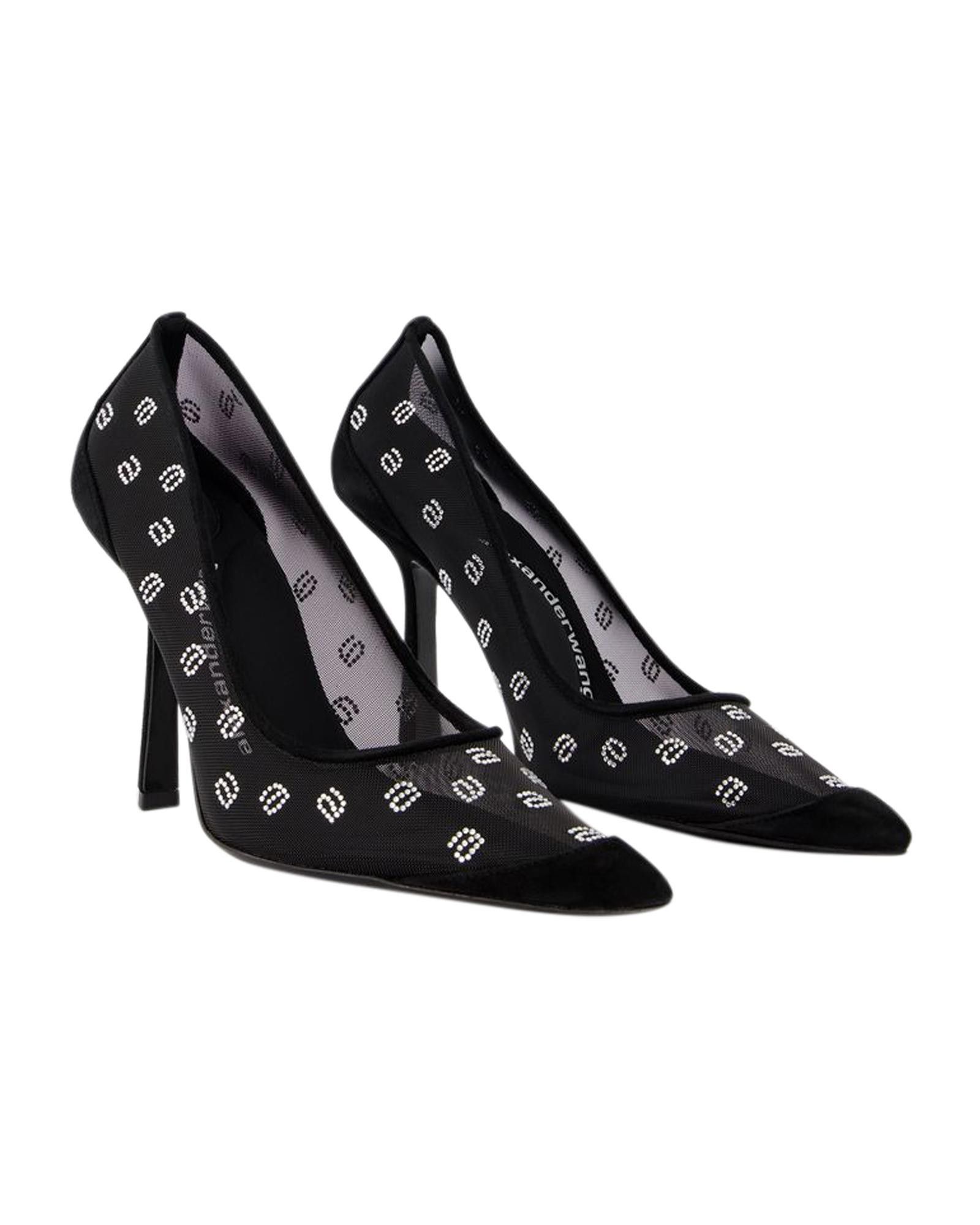 image of Alexander Wang Elegant Mesh Slip-On Sandals With Rhinestone Logo Detail in Black, Women's (Size 8)
