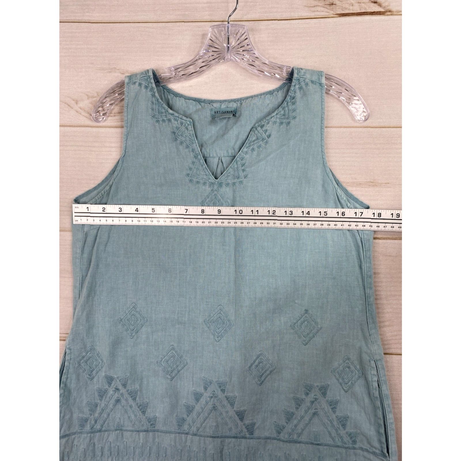 Vintage VINTAGE Artisan NY Dress S Blue Midi Slip 100% Linen Sleeveless Embroidered Pockets Boho Size S / US 4 / IT 40 - 4 Thumbnail