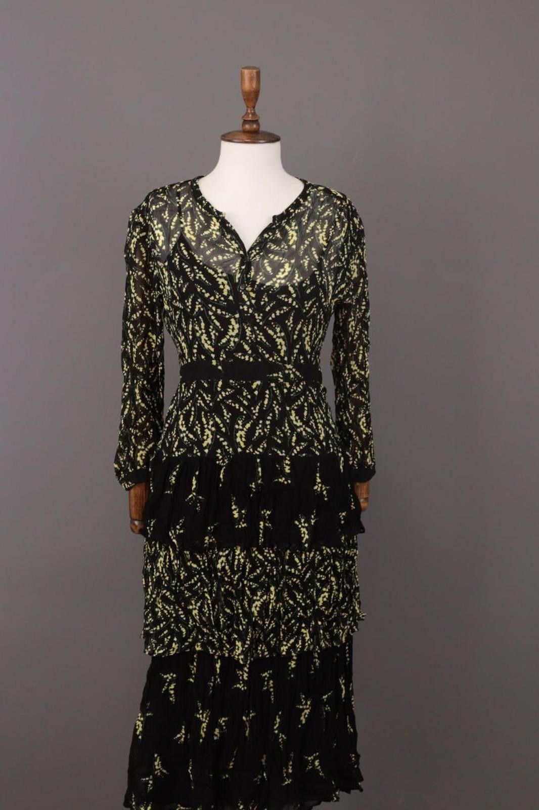 Wilkes Bashford BA&SH Lady Dress Black Floral Ruffle Blouson Dress Size 1 Size M / US 6-8 / IT 42-44 - 1 Thumbnail