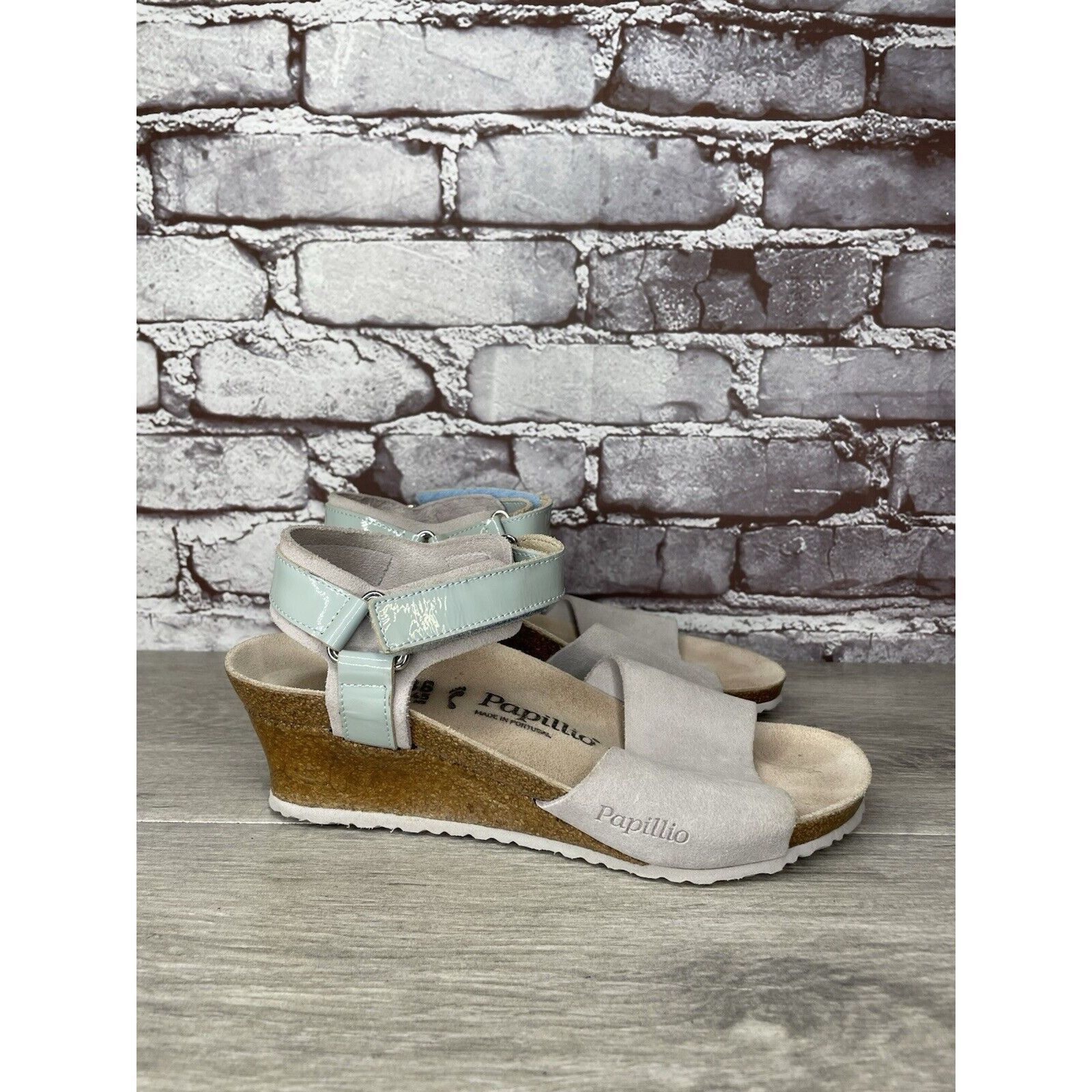 Birkenstock Papillio Grey Nubuck Suede Teal Patent Cork Wedg