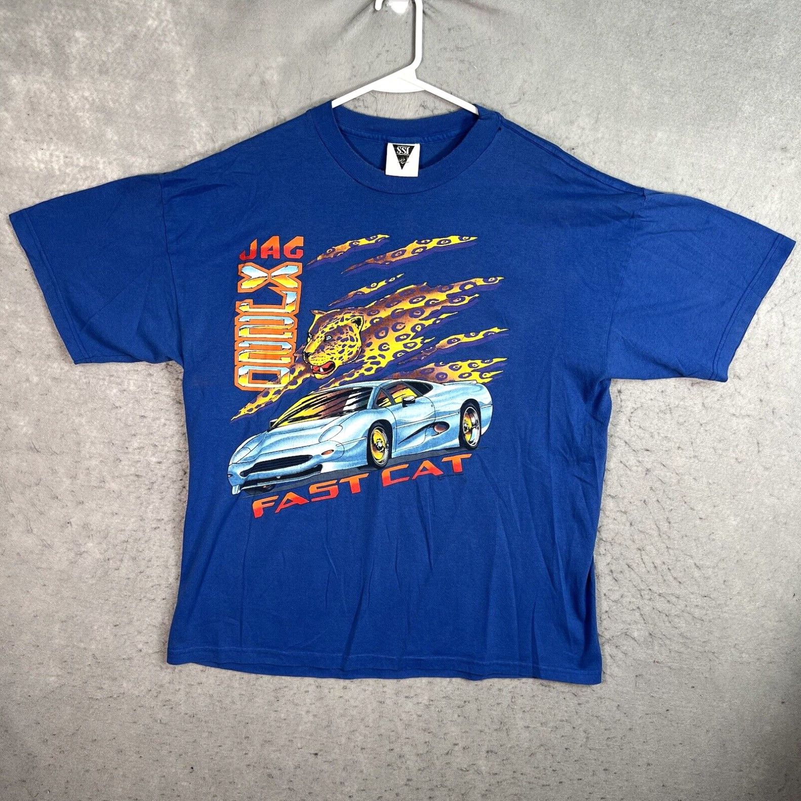 image of Vintage 90's Ssi Jaguar Xj220 Fast Cat Racing Exotic Car T Shirt Adult XL Blue in White, Men's