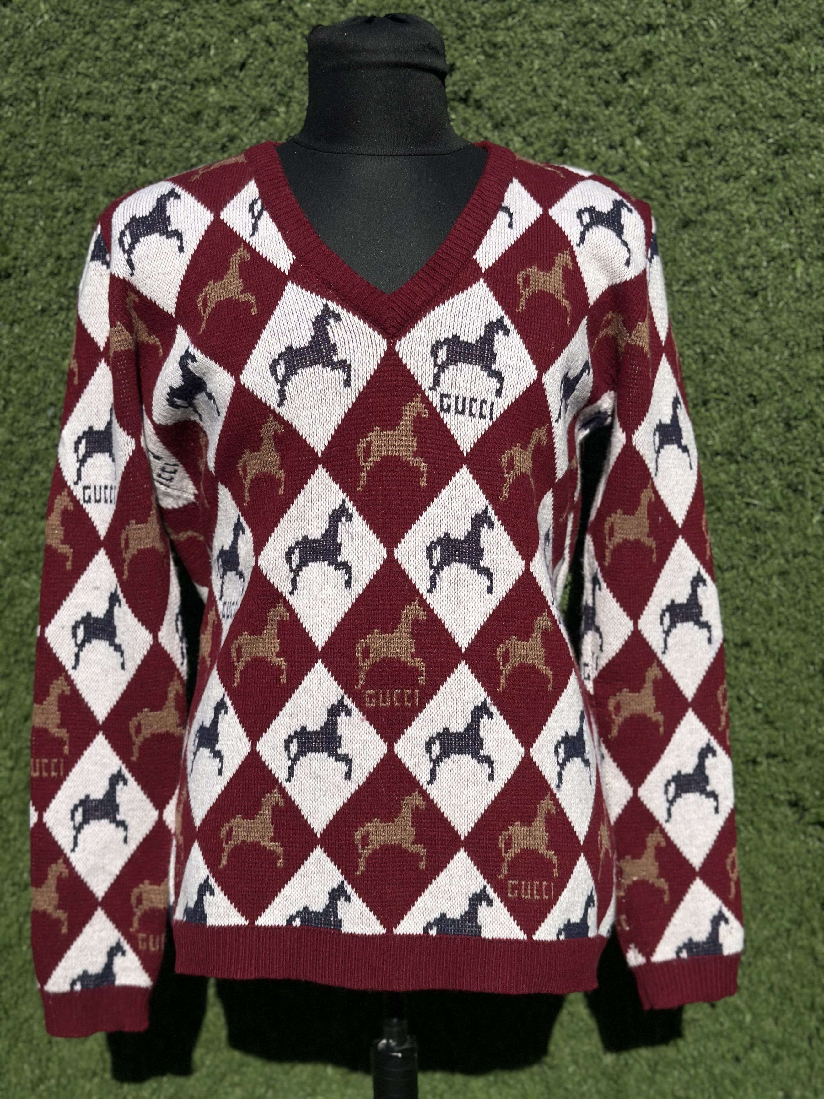 Gucci Rare Gucci Horsebit Argyle Wool Sweater V-Neck Italy Size S Size US S / EU 44-46 / 1 - 9 Thumbnail