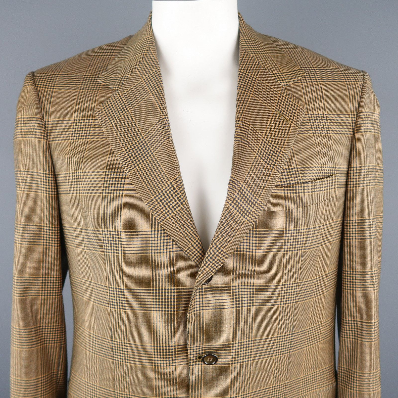 Brioni BRIONI 40 Regular Gold & Navy Plaid Wool Sport Coat Size 40R - 2 Thumbnail