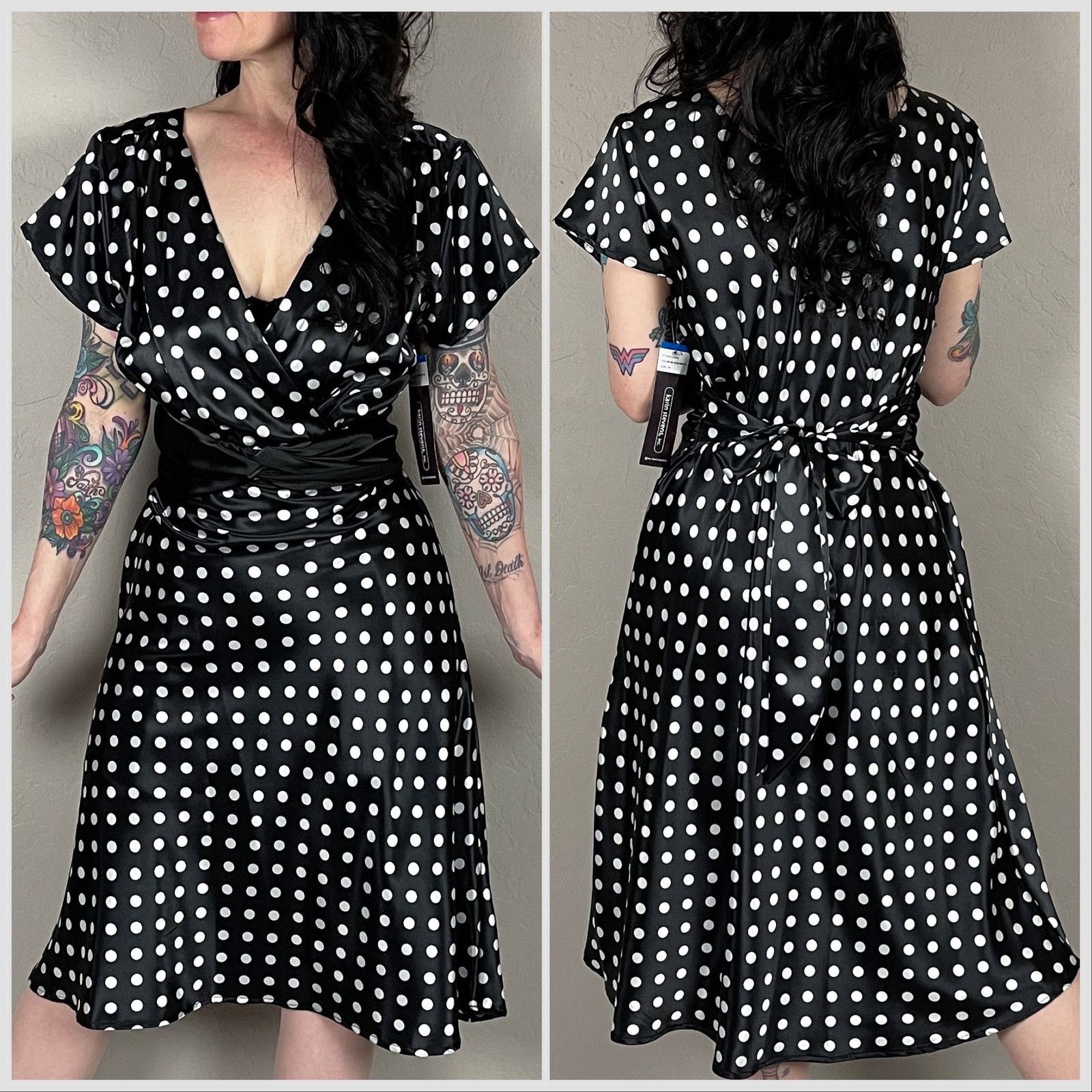 Vintage Vintage Y2K Black & White Polka Dot Tie Back Satin Dress Size M / US 6-8 / IT 42-44 - 3 Thumbnail