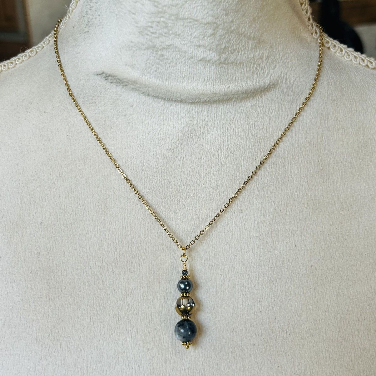 Handmade Handcrafted di-cut art glass larvikite pearl necklace set Size ONE SIZE - 5 Thumbnail