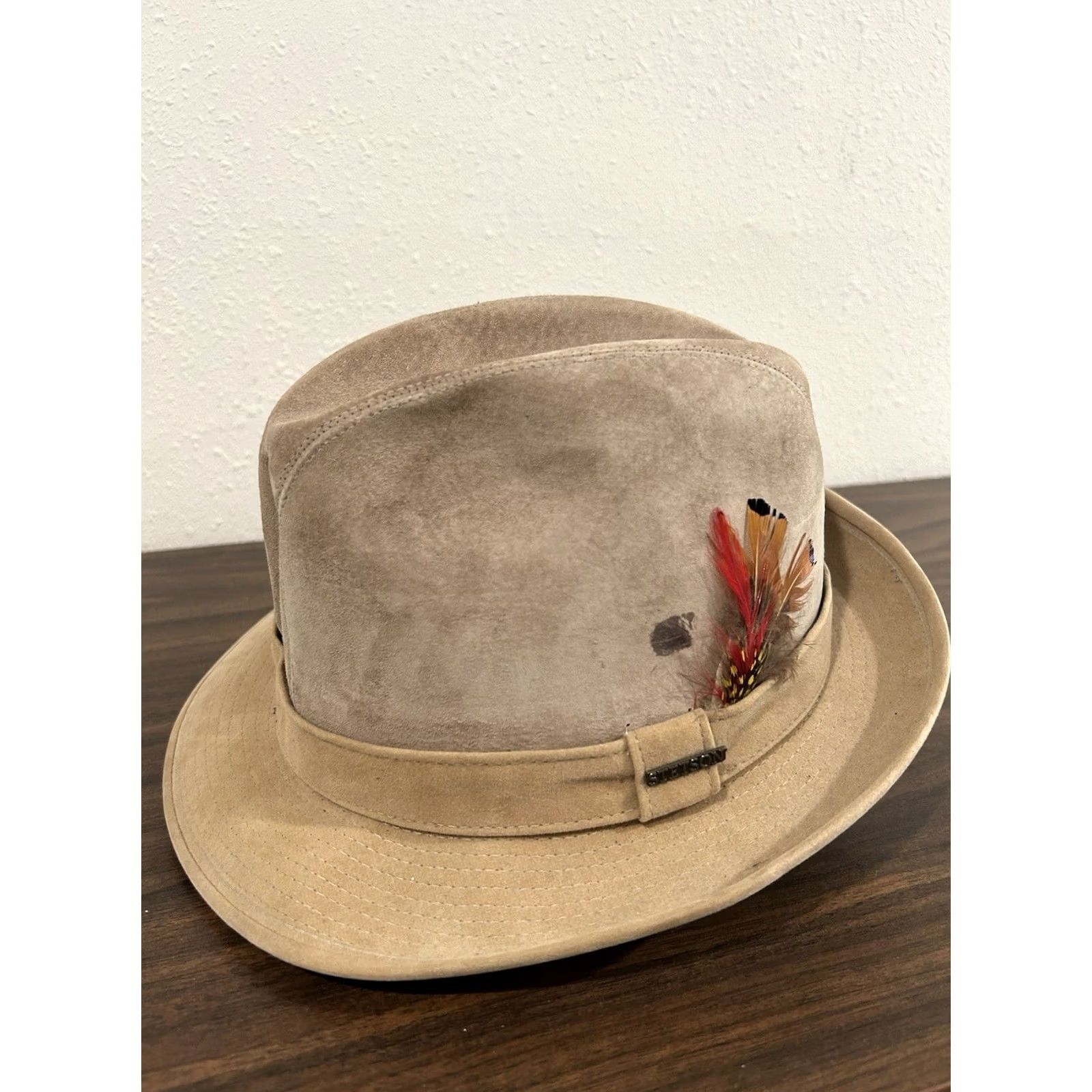 Stetson VINTAGE Stetson Fedora Hat 7 Unisex Tan Suede Leather Feather USA Union Made Size ONE SIZE - 2 Thumbnail