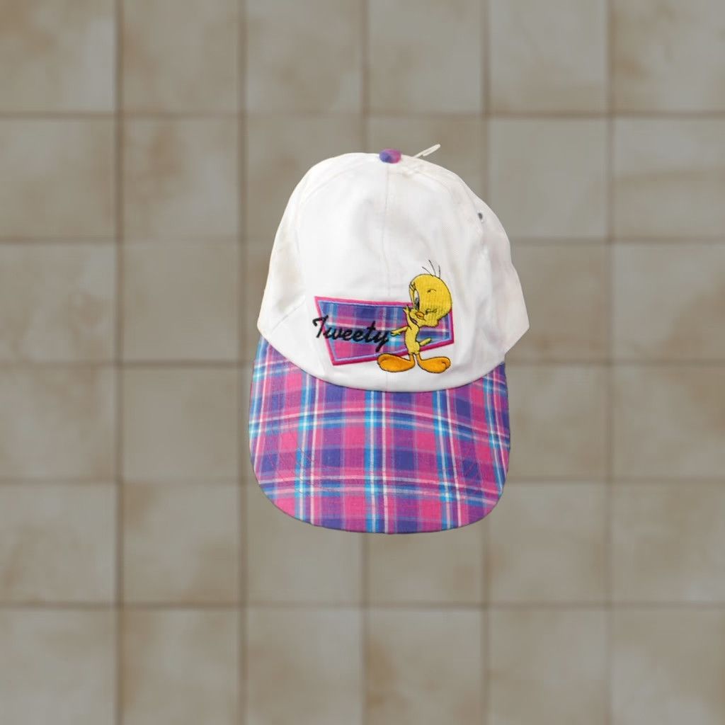 Vintage Looney Tunes Hat One Size White Vintage Plaid Cotton Polyester Adjustable Baseball Cap Women Size ONE SIZE - 1 Thumbnail