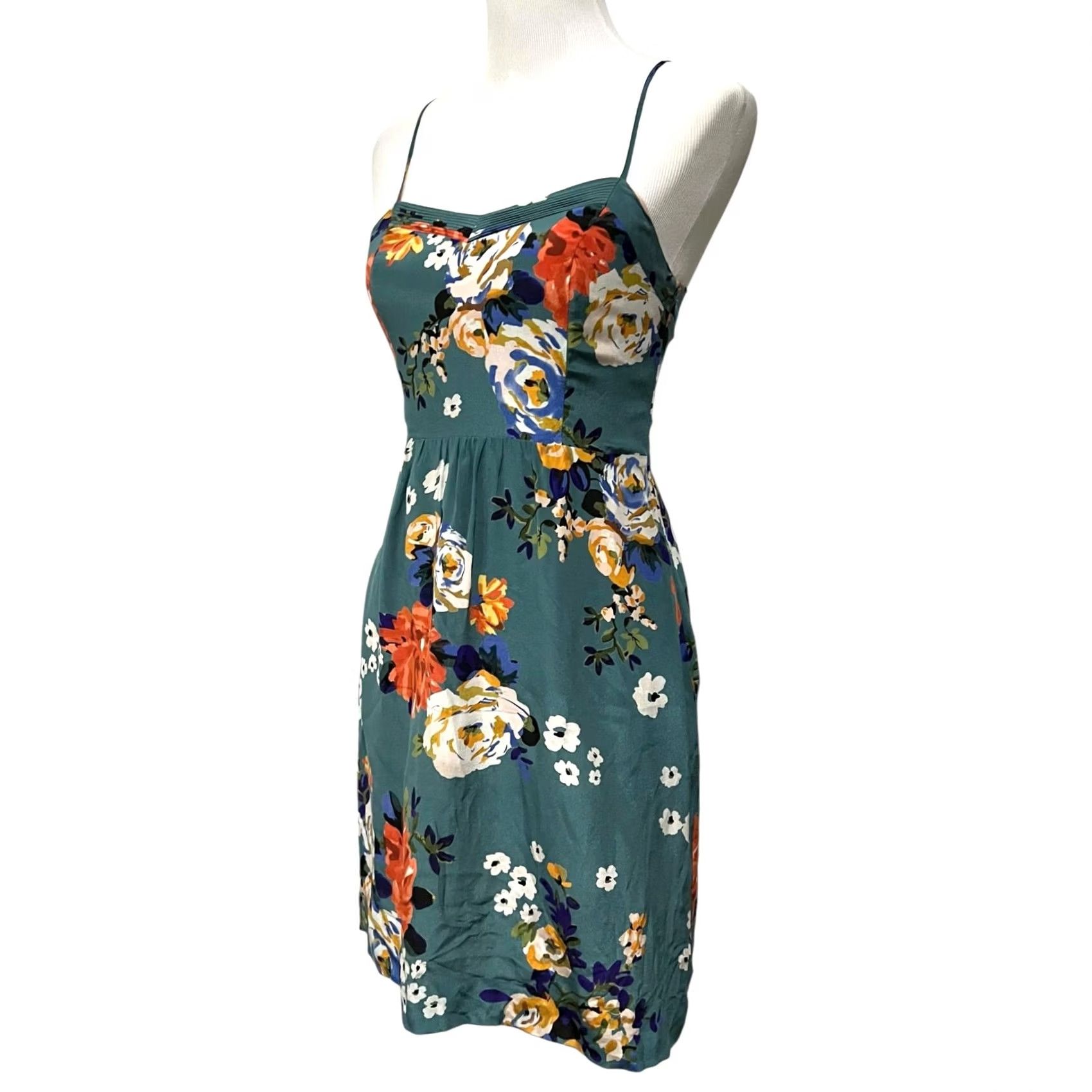 Vintage Moulinette Soeurs Silk Slip Dress Spaghetti Straps Green Floral w/ Pockets Sz 2 Size XS / US 0-2 / IT 36-38 - 3 Thumbnail