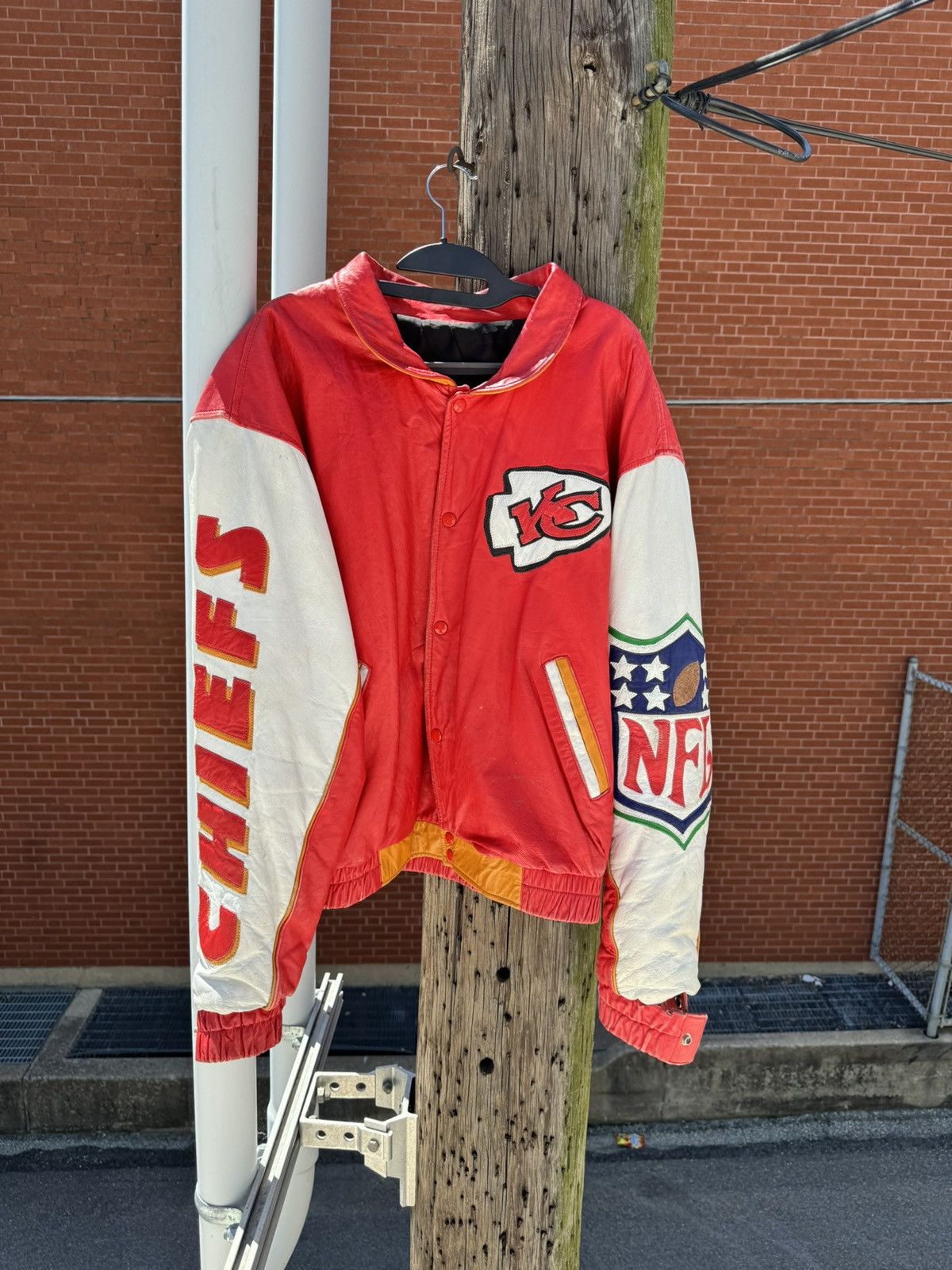 image of True Vintage 90’S Chiefs Leather Jacket in Red/White, Men's (Size Large)